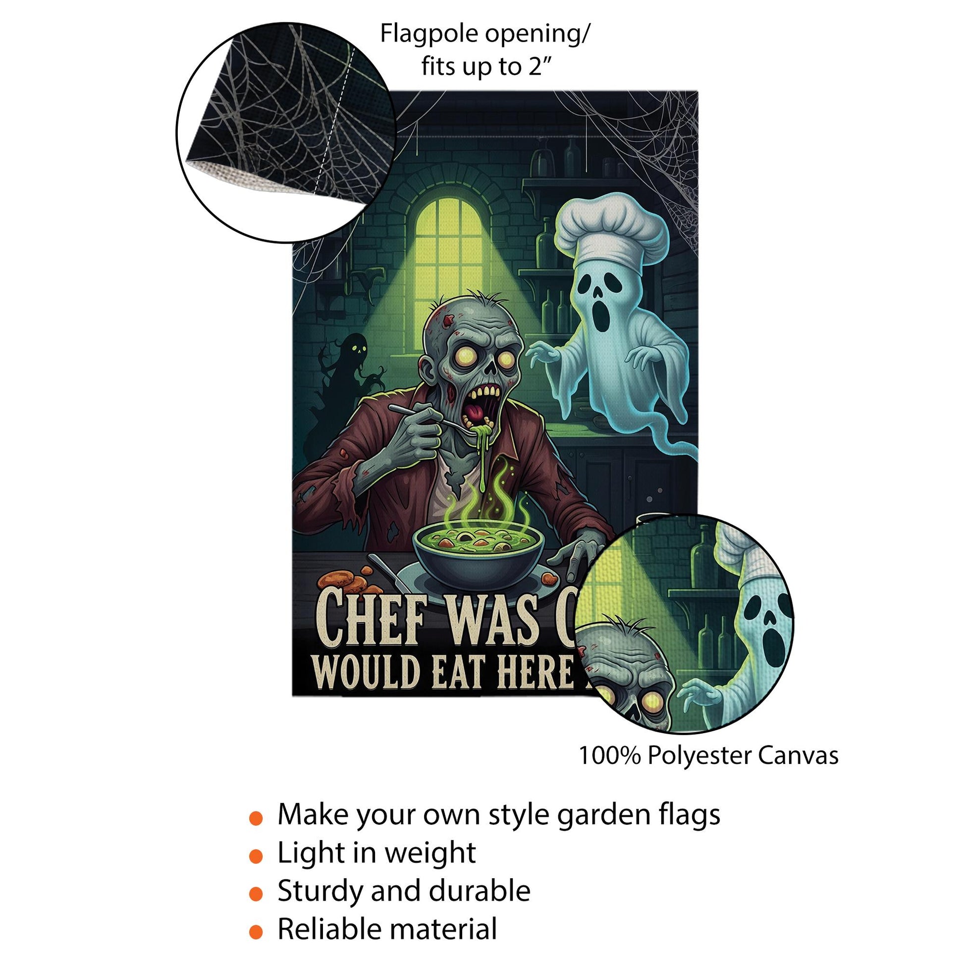 Funny Halloween Garden Flag – Zombie Chef & Ghost Kitchen Decor, Spooky Outdoor Yard Banner, “Chef Was Cute Would Eat Here Again”