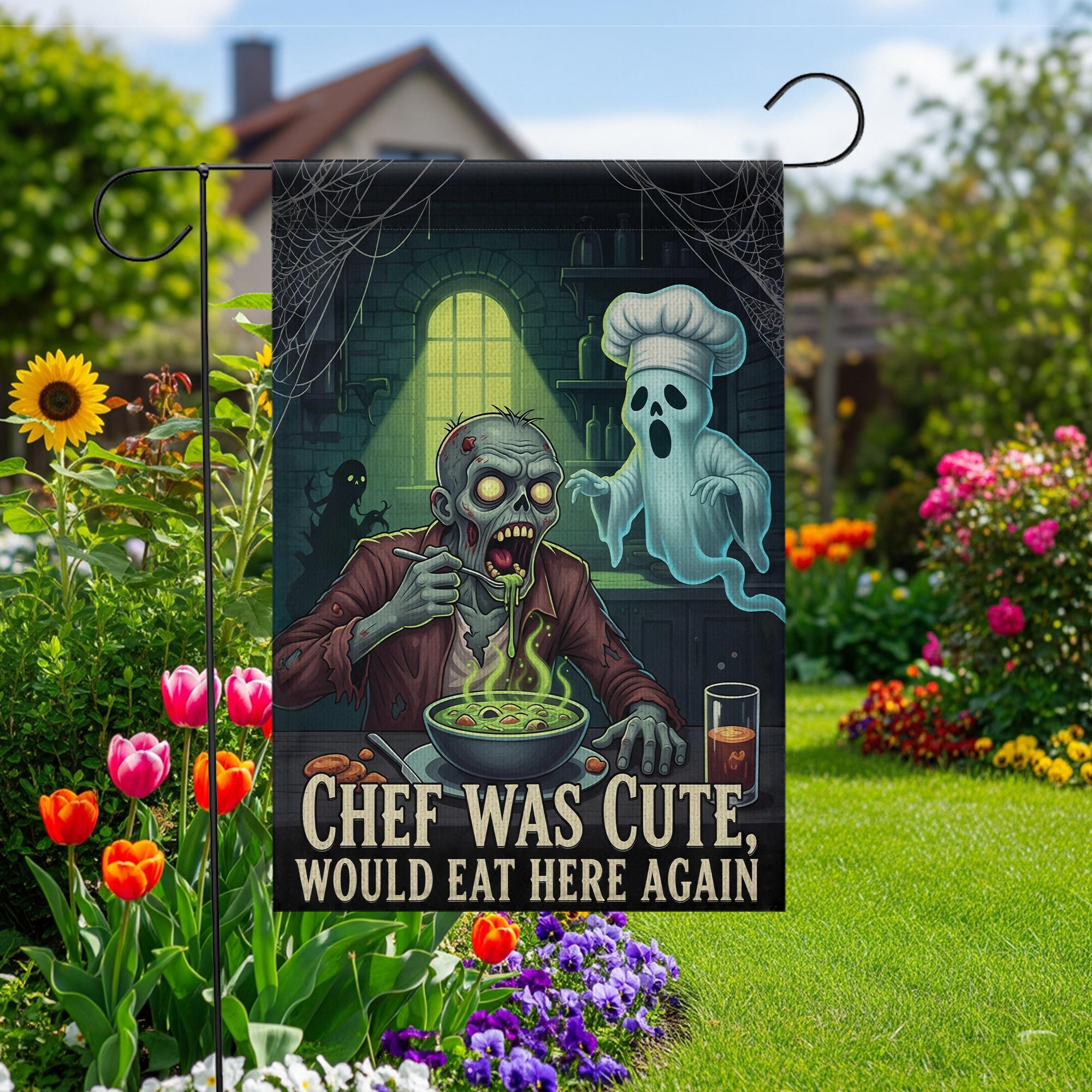 Funny Halloween Garden Flag – Zombie Chef & Ghost Kitchen Decor, Spooky Outdoor Yard Banner, “Chef Was Cute Would Eat Here Again”