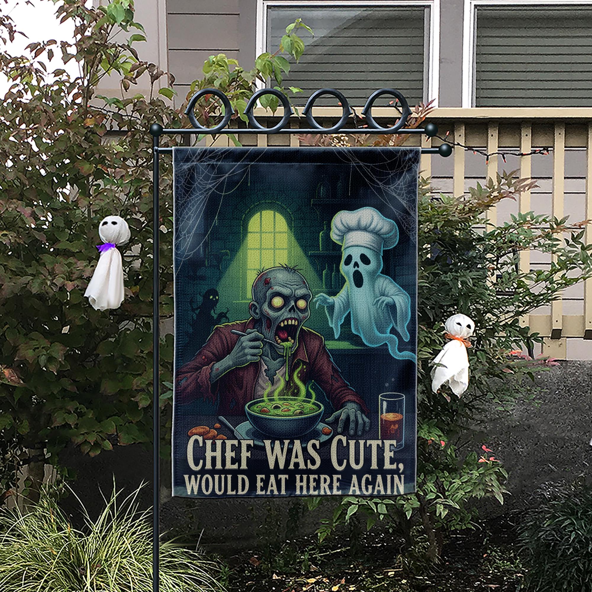 Funny Halloween Garden Flag – Zombie Chef & Ghost Kitchen Decor, Spooky Outdoor Yard Banner, “Chef Was Cute Would Eat Here Again”
