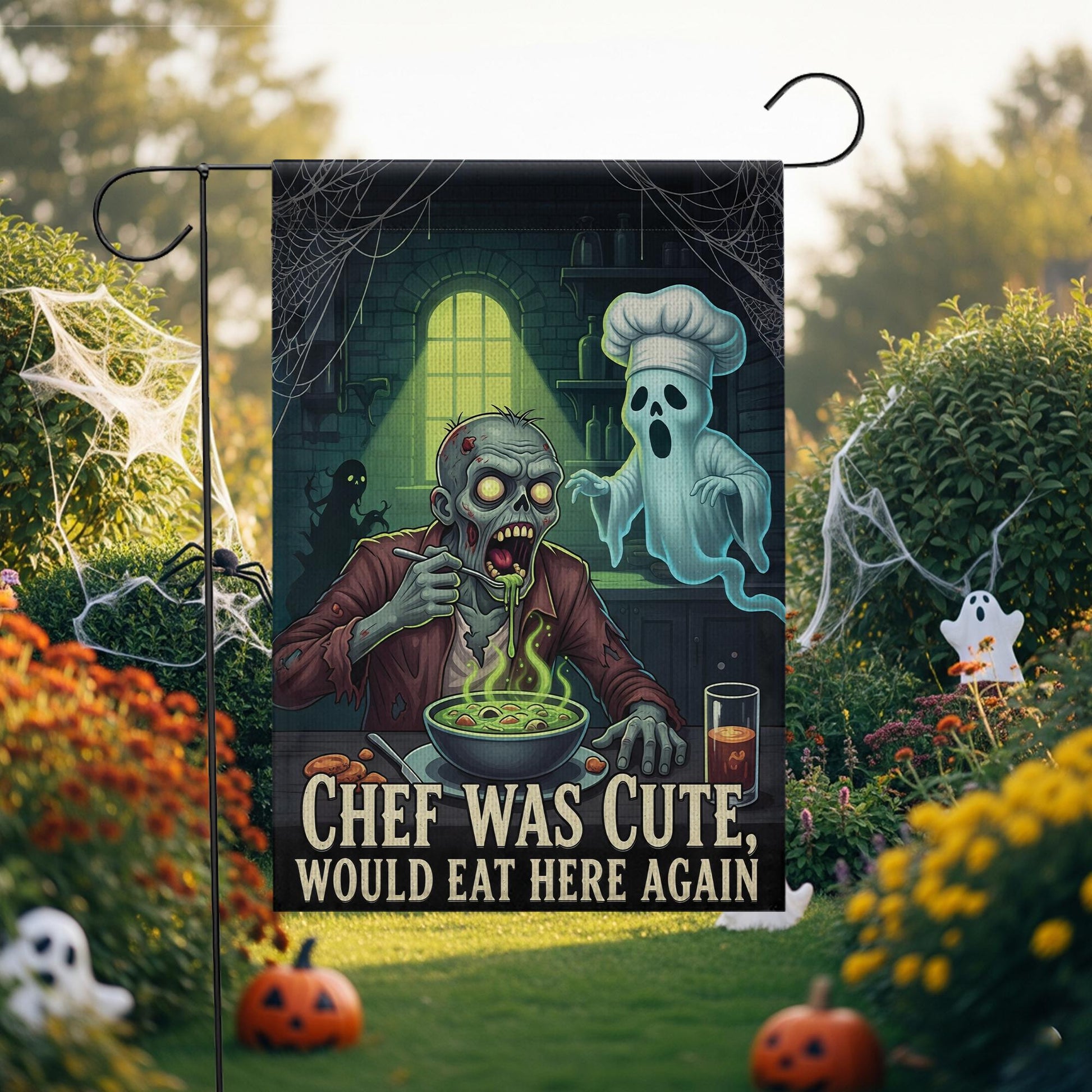 Funny Halloween Garden Flag – Zombie Chef & Ghost Kitchen Decor, Spooky Outdoor Yard Banner, “Chef Was Cute Would Eat Here Again”