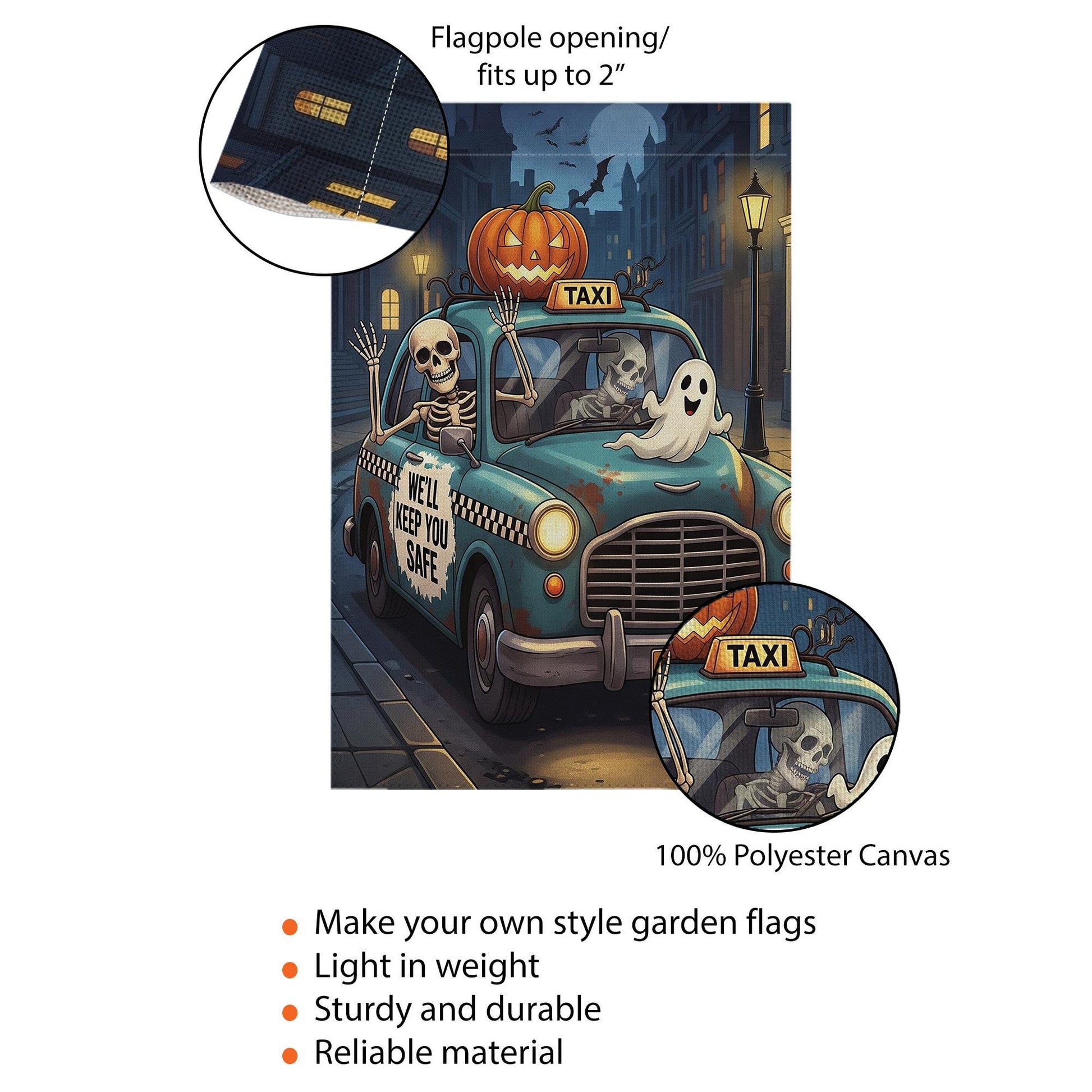 Funny Halloween Garden Flag – Skeleton Taxi Ride with Ghosts & Pumpkin, Spooky Outdoor Yard Decor, “We’ll Keep You Safe” Banner
