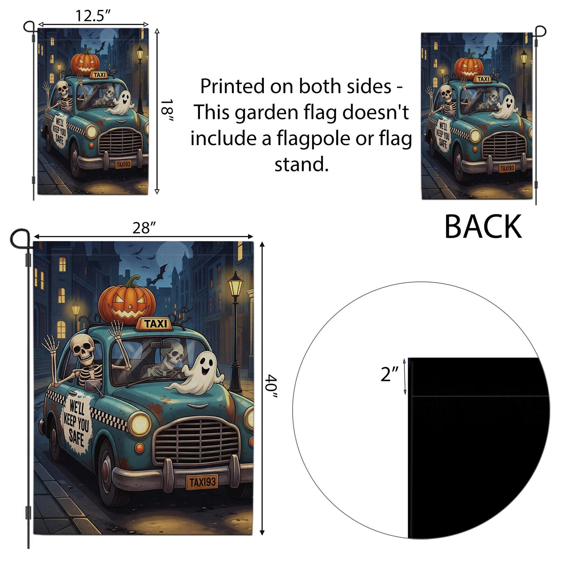 Funny Halloween Garden Flag – Skeleton Taxi Ride with Ghosts & Pumpkin, Spooky Outdoor Yard Decor, “We’ll Keep You Safe” Banner