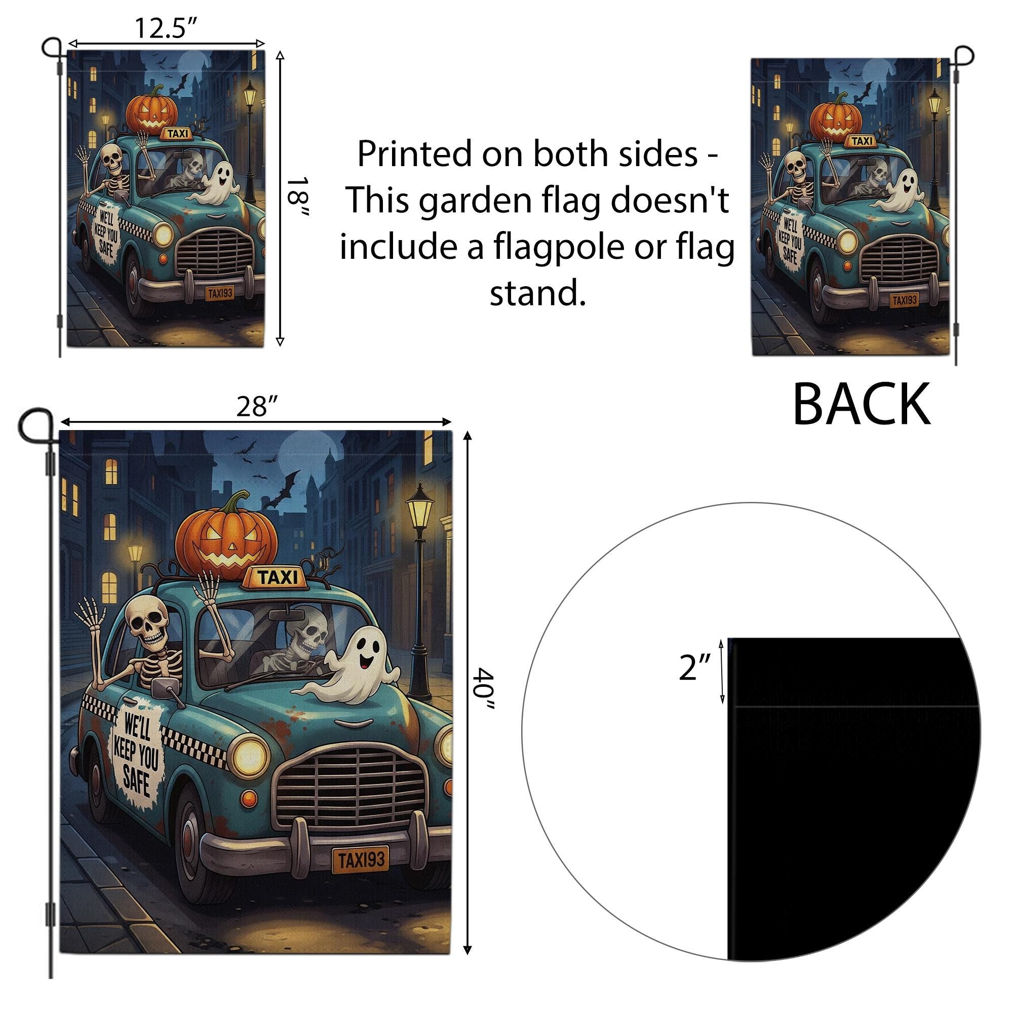 Funny Halloween Garden Flag – Skeleton Taxi Ride with Ghosts & Pumpkin, Spooky Outdoor Yard Decor, “We’ll Keep You Safe” Banner