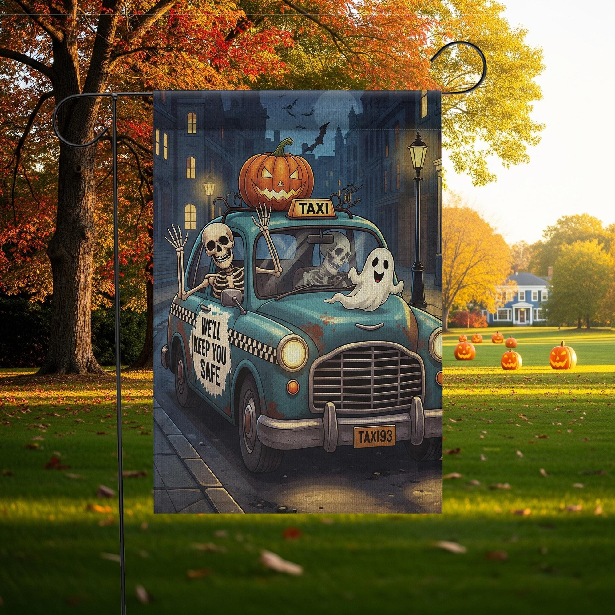 Funny Halloween Garden Flag – Skeleton Taxi Ride with Ghosts & Pumpkin, Spooky Outdoor Yard Decor, “We’ll Keep You Safe” Banner