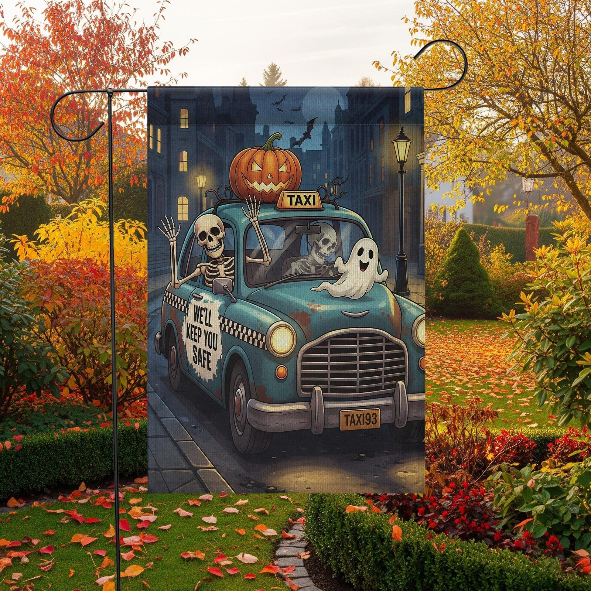 Funny Halloween Garden Flag – Skeleton Taxi Ride with Ghosts & Pumpkin, Spooky Outdoor Yard Decor, “We’ll Keep You Safe” Banner