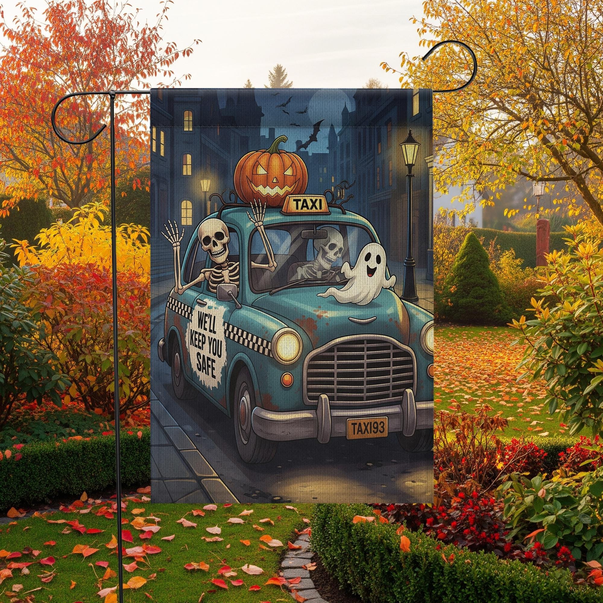Funny Halloween Garden Flag – Skeleton Taxi Ride with Ghosts & Pumpkin, Spooky Outdoor Yard Decor, “We’ll Keep You Safe” Banner