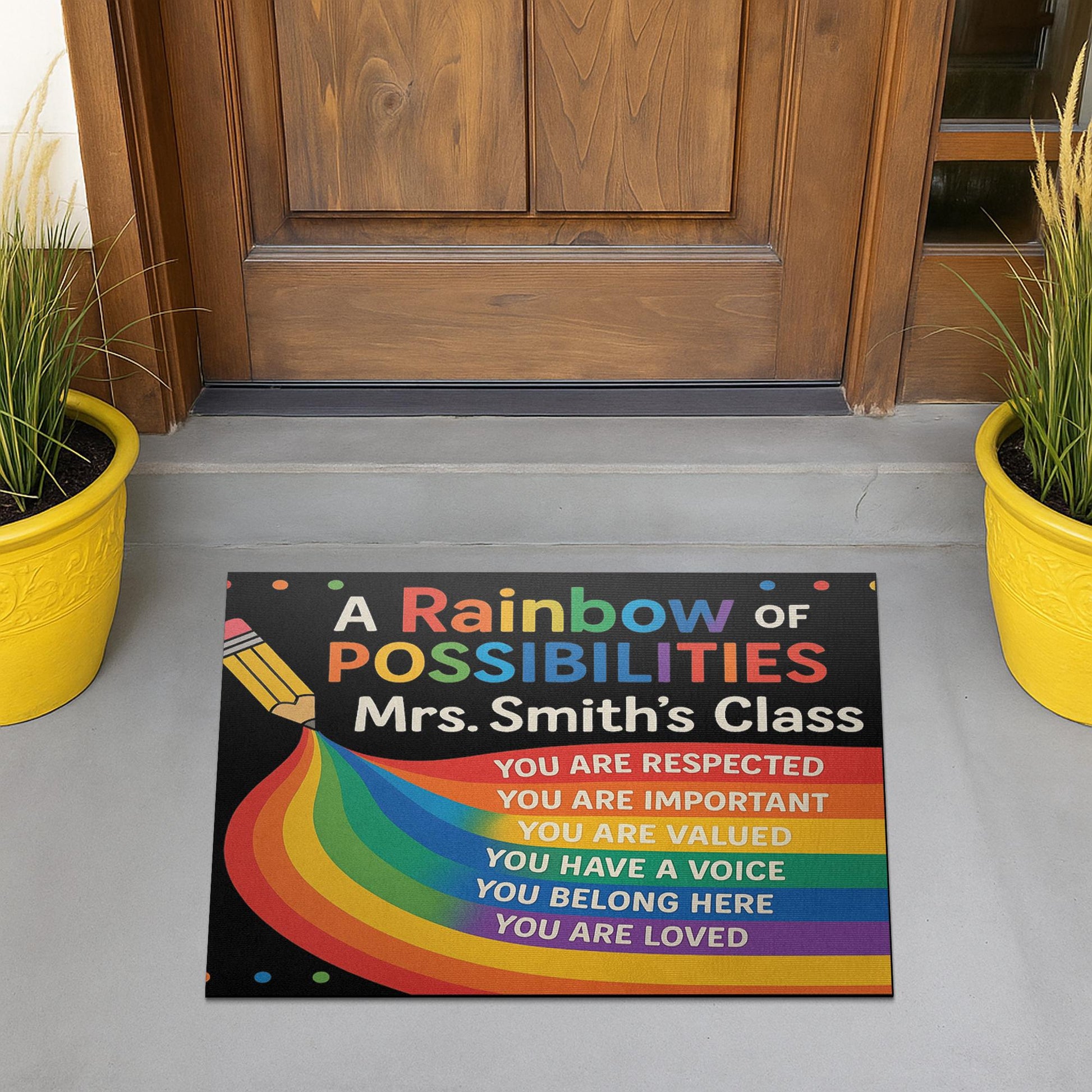 Rainbow Classroom Doormat, Personalized Teacher Welcome Mat, Motivational Rug for School, Custom Name Rug, Back to School Decor