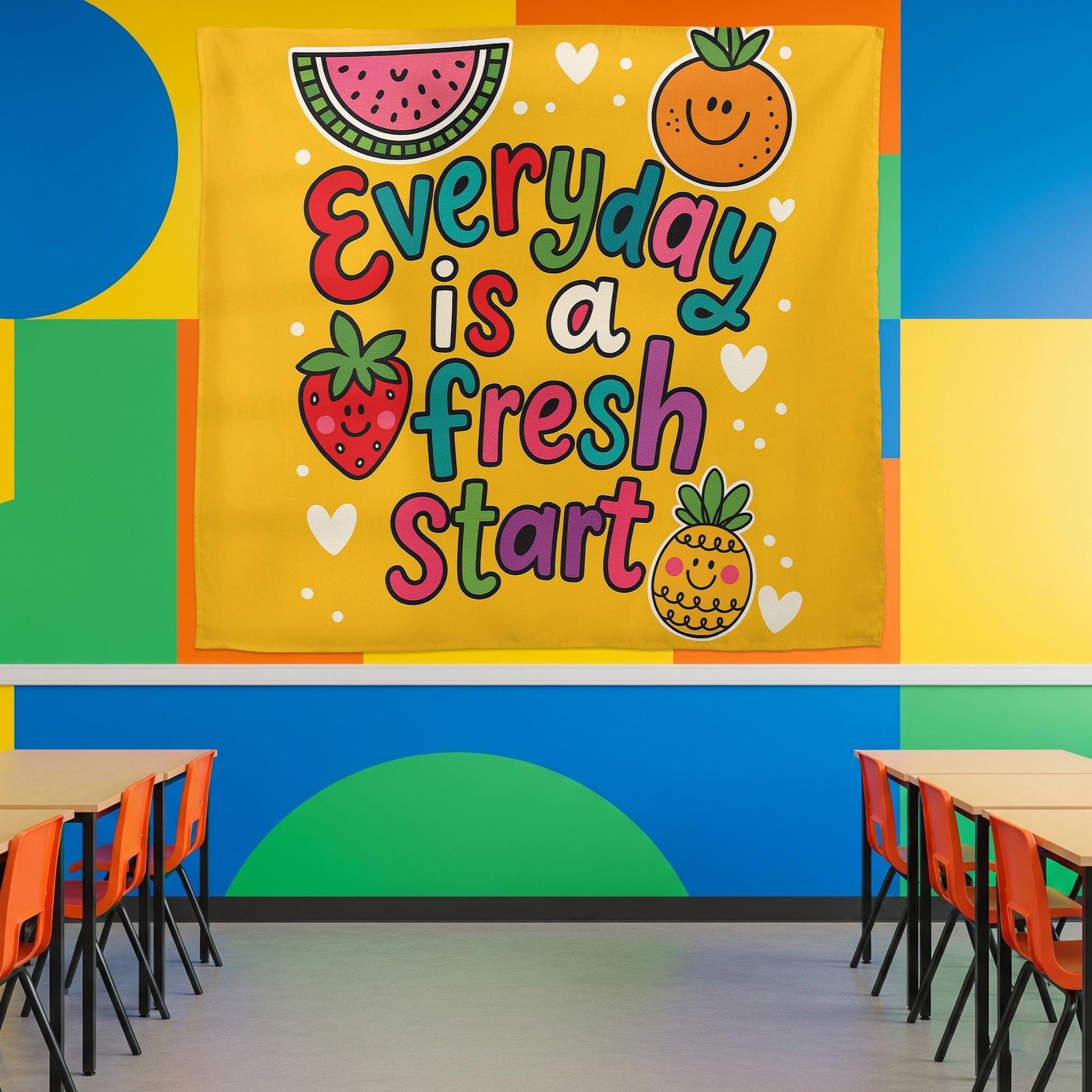 Everyday Is a Fresh Start Wall Art – Colorful Fruit-Themed Motivational Poster for Classroom, Preschool, or Kids Room Decor, Fruit Sign