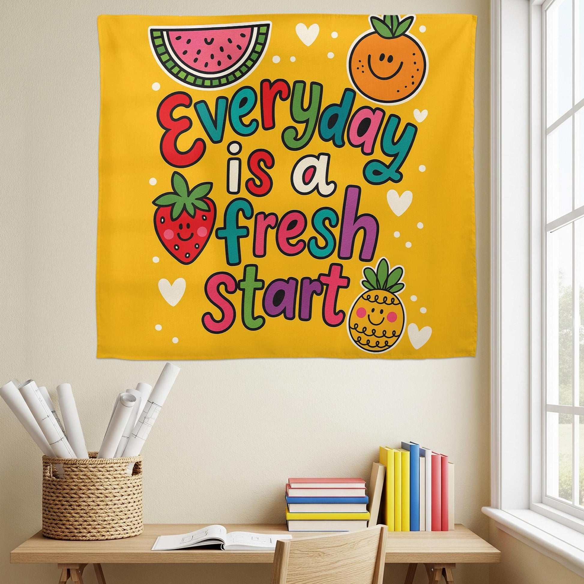 Everyday Is a Fresh Start Wall Art – Colorful Fruit-Themed Motivational Poster for Classroom, Preschool, or Kids Room Decor, Fruit Sign