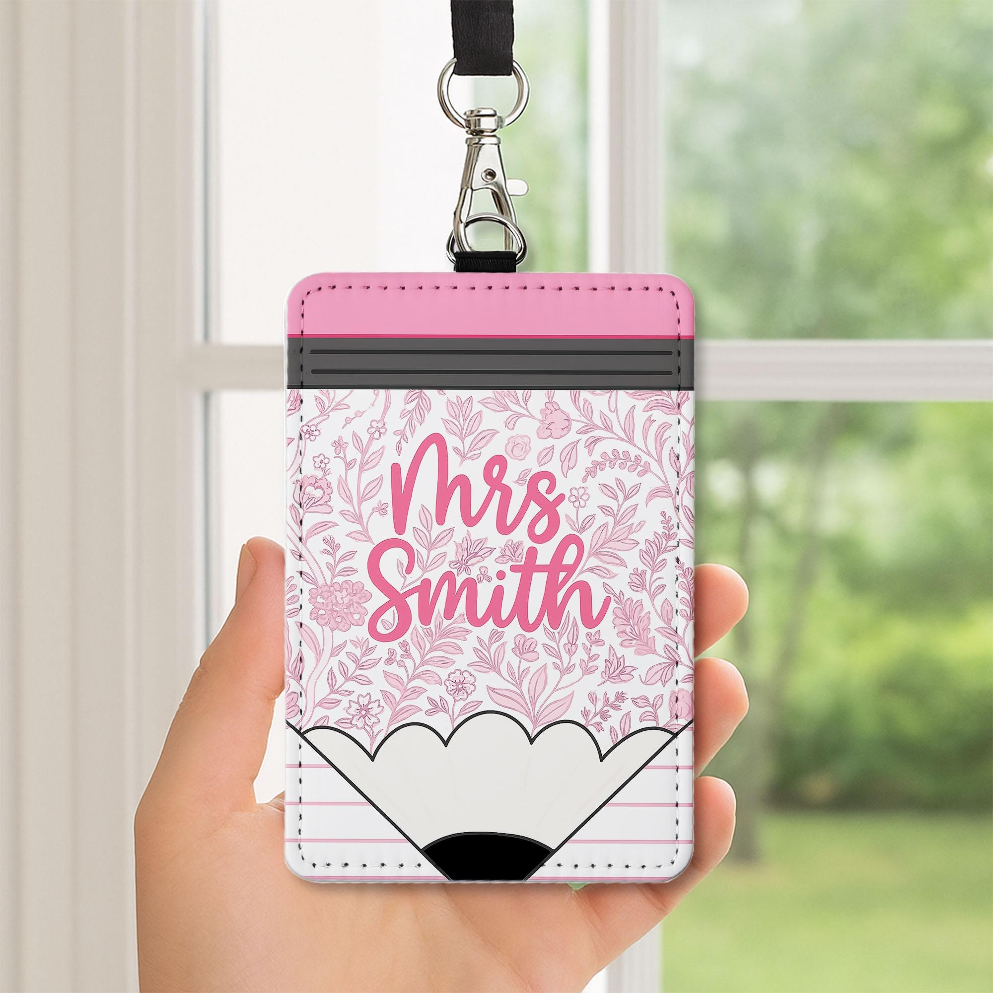 Chinoiserie Teacher Badge Holder, Personalized Pencil ID Tag, Floral Lanyard Name Tag, Cute Classroom Accessory for Women