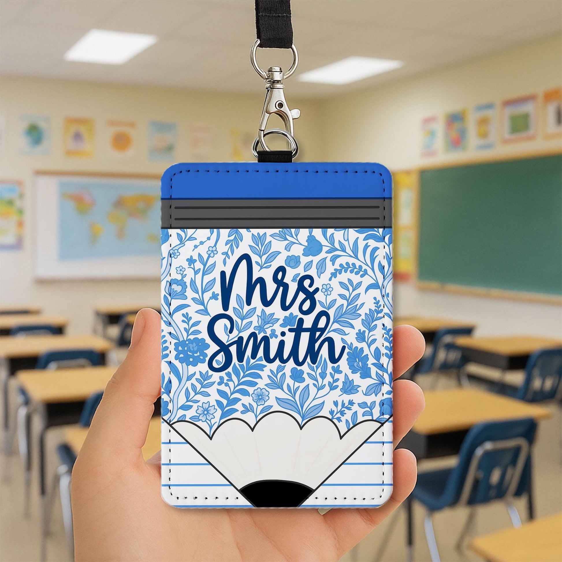 Chinoiserie Teacher Badge Holder, Personalized Pencil ID Tag, Floral Lanyard Name Tag, Cute Classroom Accessory for Women