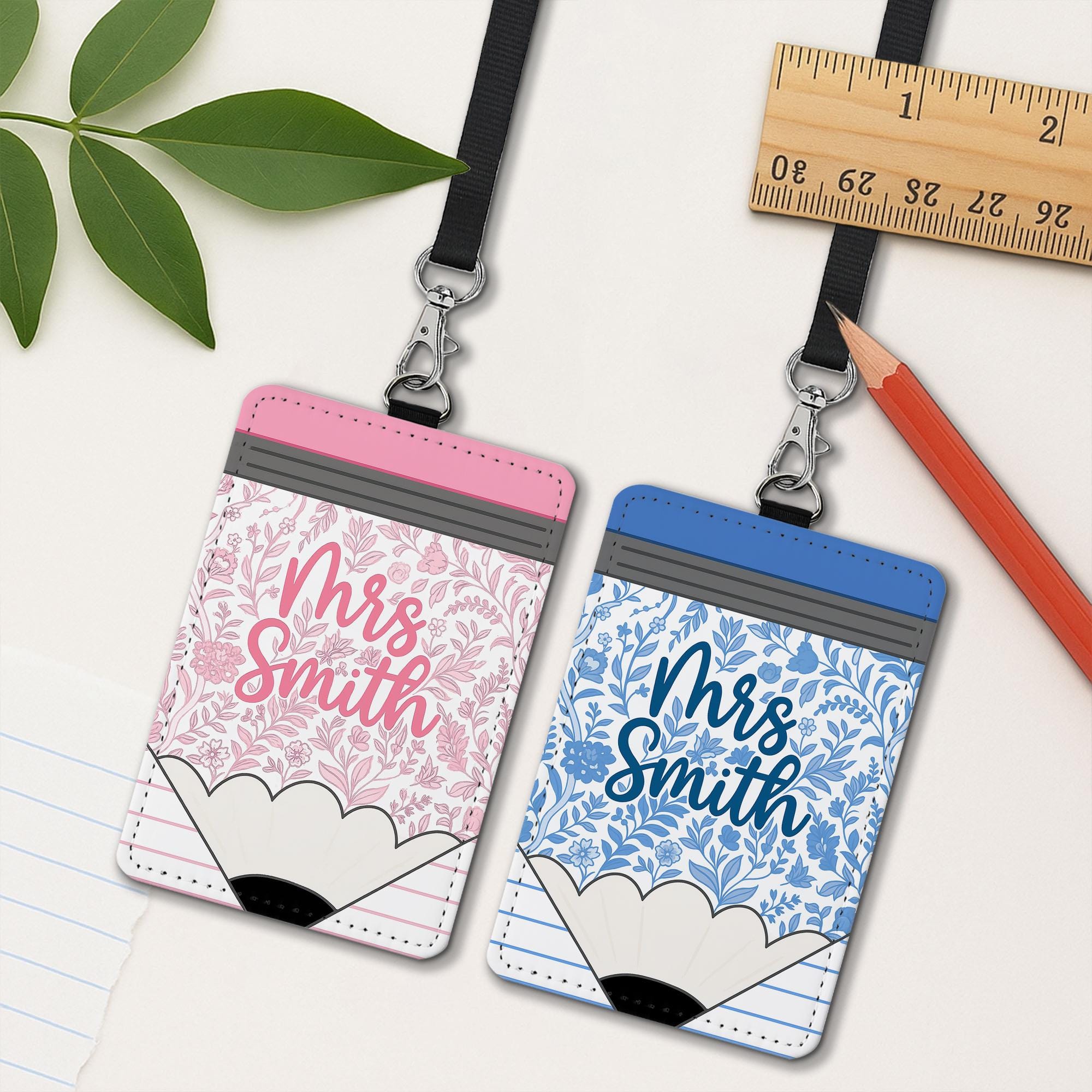 Chinoiserie Teacher Badge Holder, Personalized Pencil ID Tag, Floral Lanyard Name Tag, Cute Classroom Accessory for Women