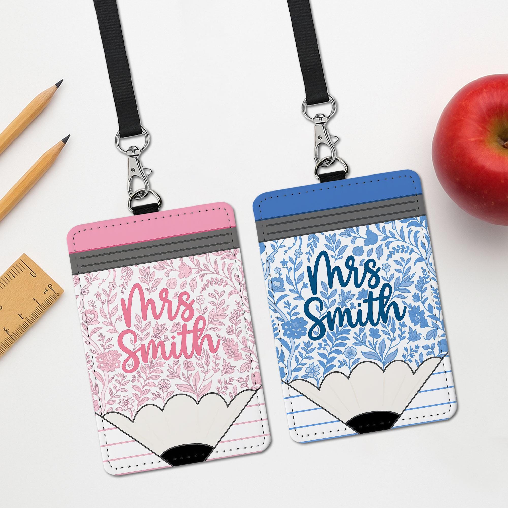Chinoiserie Teacher Badge Holder, Personalized Pencil ID Tag, Floral Lanyard Name Tag, Cute Classroom Accessory for Women