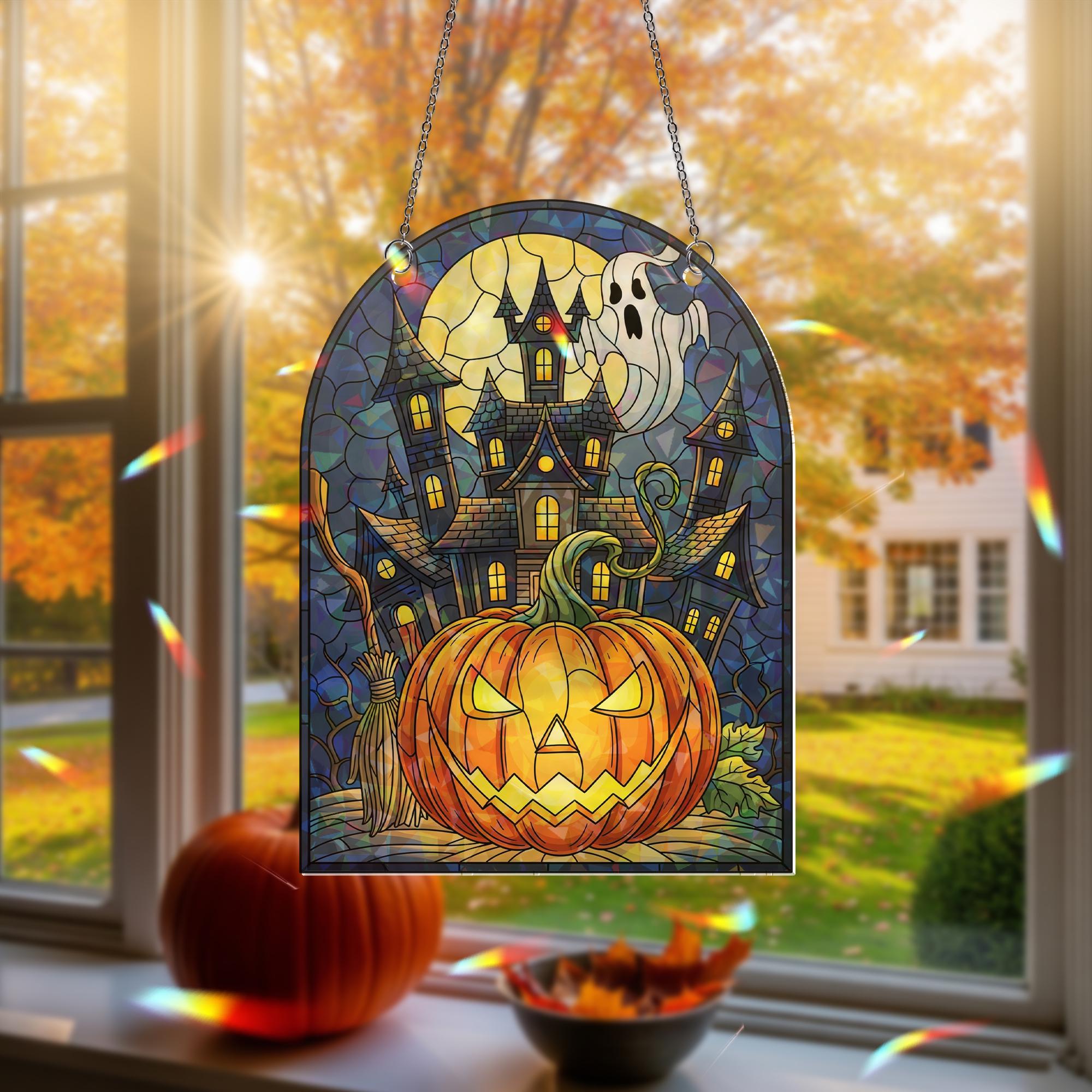 Halloween Hologram Ornament – Spooky Pumpkin, Haunted House, Ghost ACRYLIC Window Hanging, Fall Gothic Decor for Home or Office