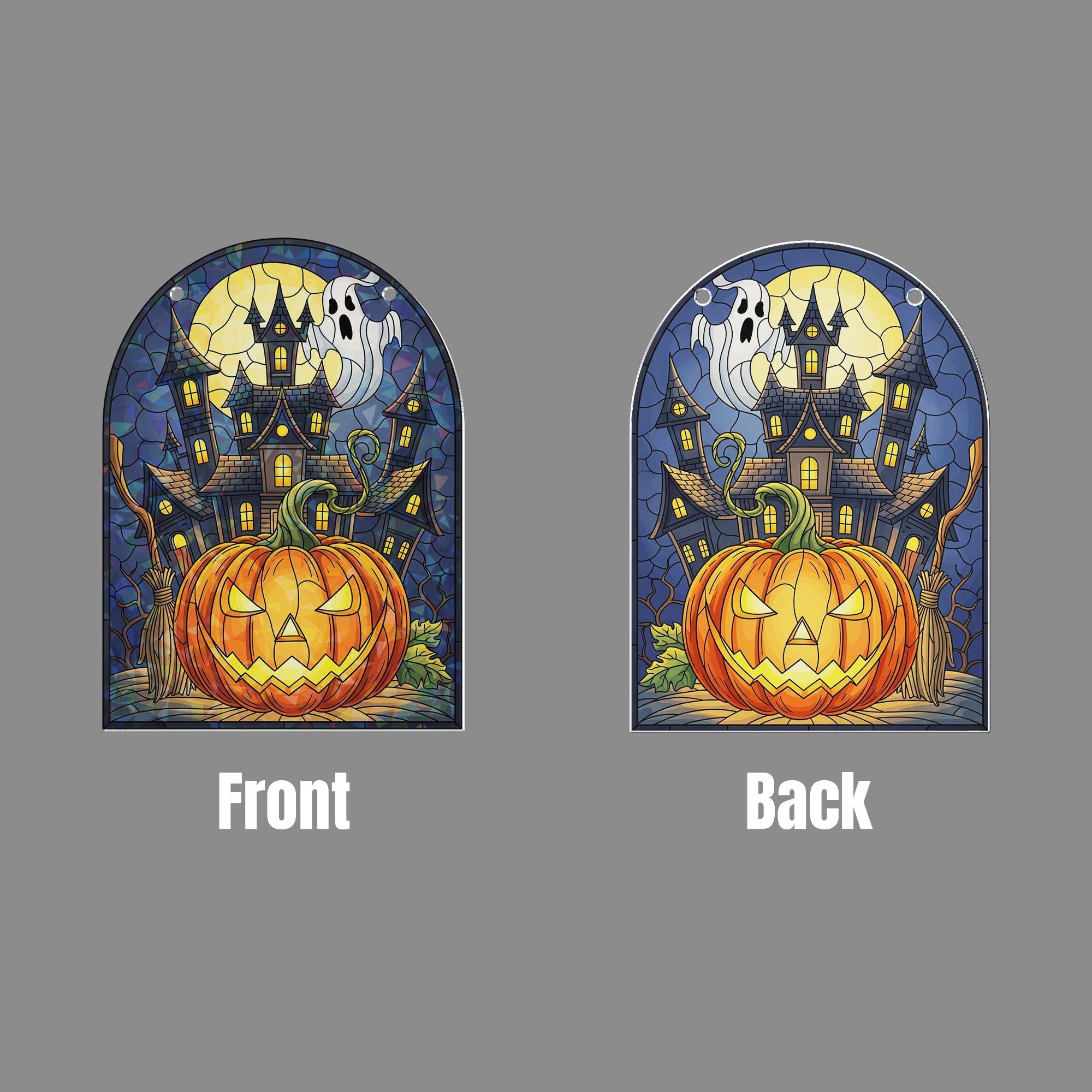 Halloween Hologram Ornament – Spooky Pumpkin, Haunted House, Ghost ACRYLIC Window Hanging, Fall Gothic Decor for Home or Office