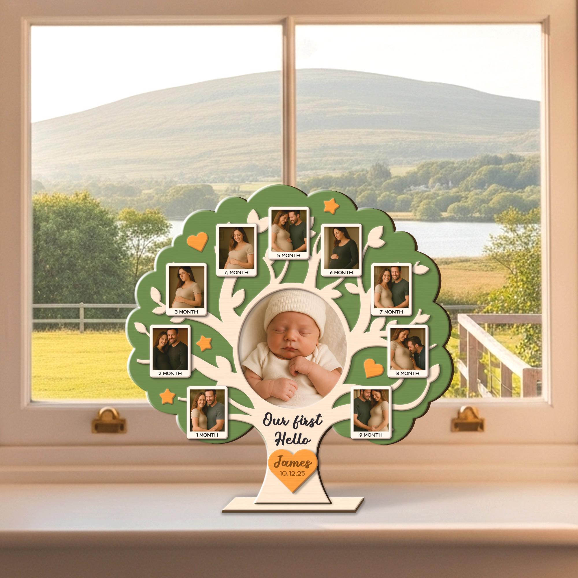Baby Milestone Photo Frame - Personalized Wooden Pregnancy to Newborn Keepsake Tree - Our First Hello Baby Gift - Custom Baby Name