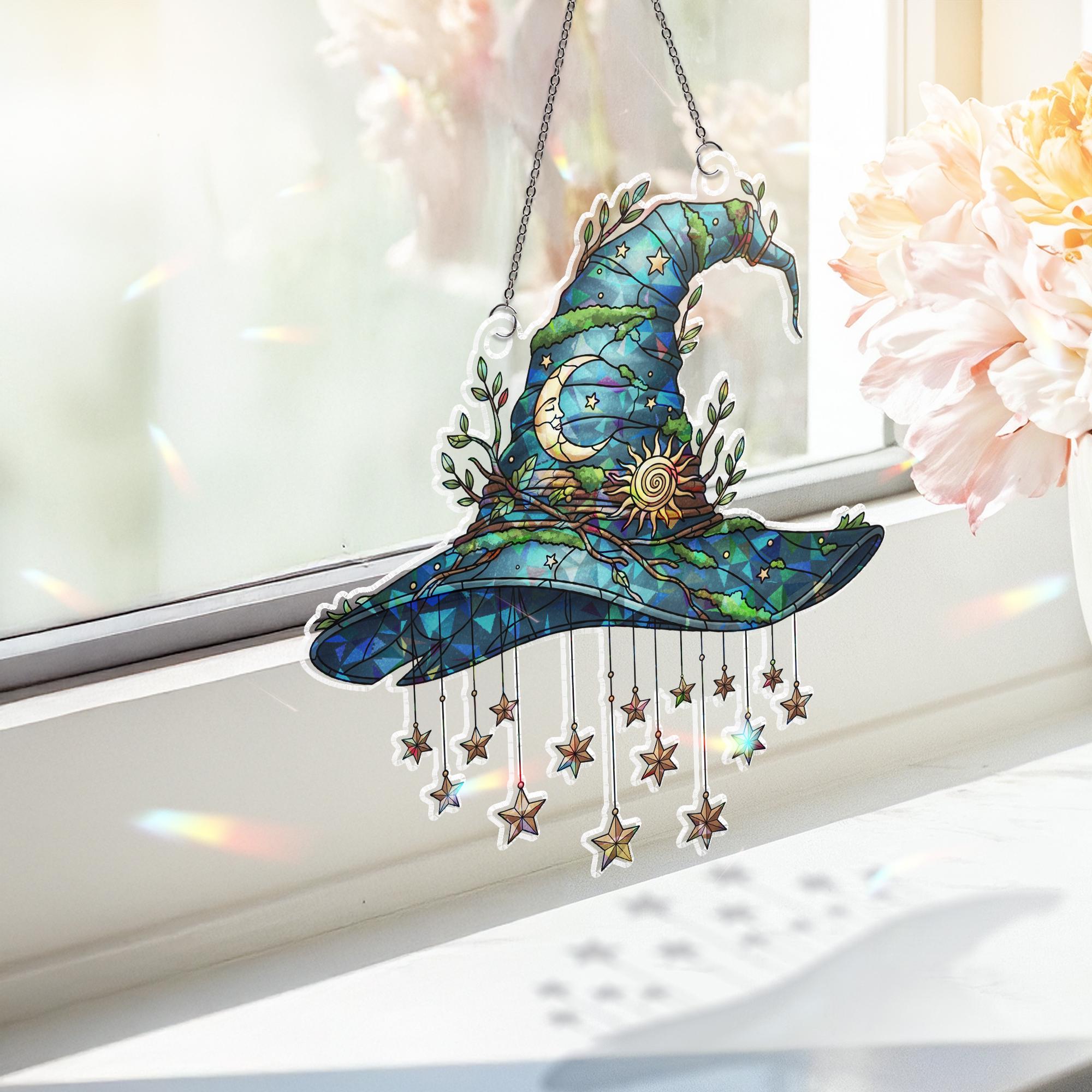Mystical Witch Hat Holographic Window Hanging – Celestial Sun Moon Stars Decor, Boho Gothic Suncatcher for Home or Car Window