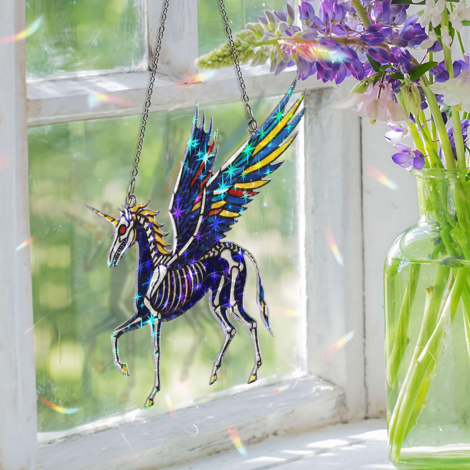 Holographic Skeleton Unicorn Suncatcher | Gothic Halloween Suncatcher Window Decor | Creepy Cute Fantasy Gift | Spooky Crystal Light Catcher