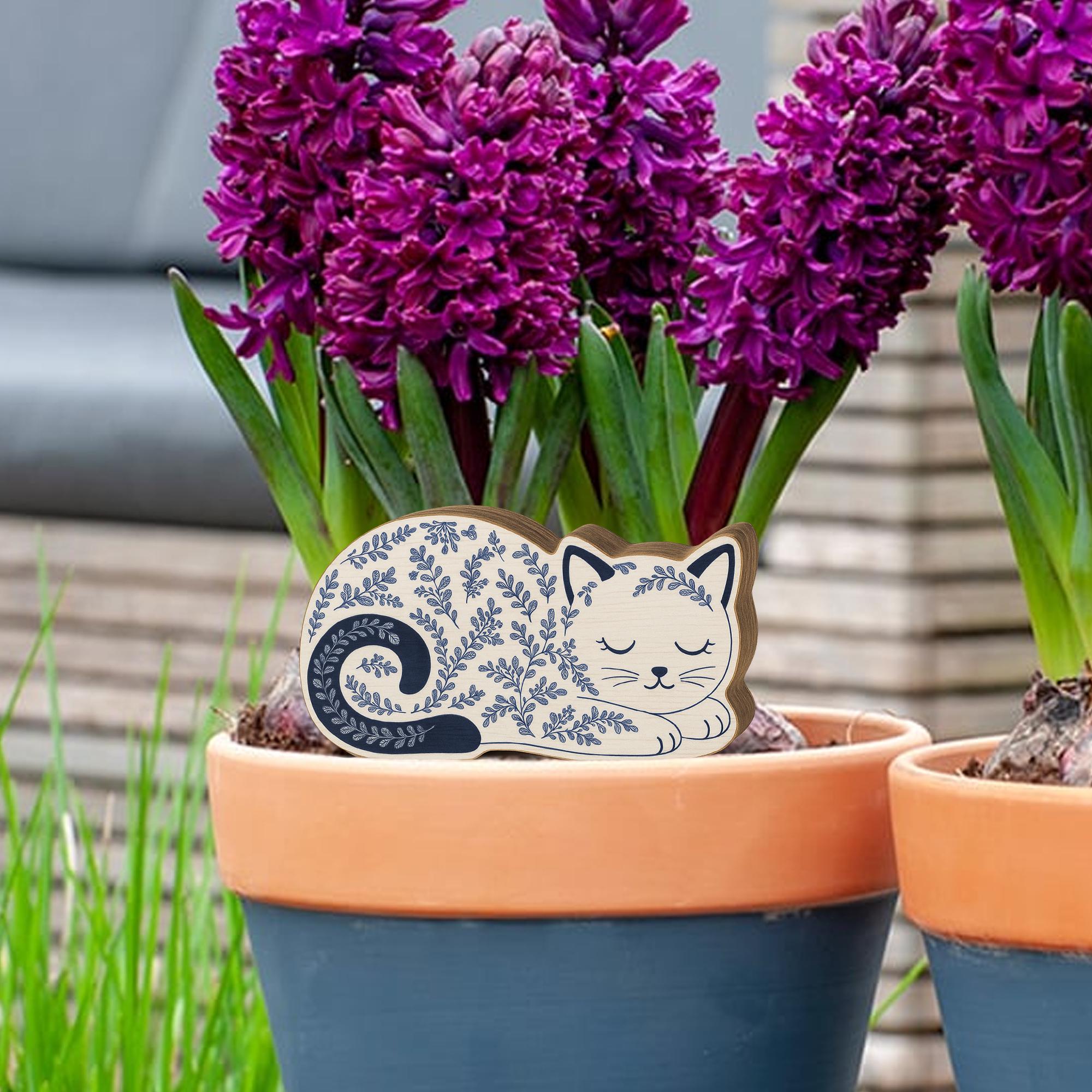 Chinoiserie Sleeping Cat Wooden Block | Blue and White Cat Decor | Cottagecore Animal Shelf Sitter | Wood Cat Figurine | Cozy Feline Gift