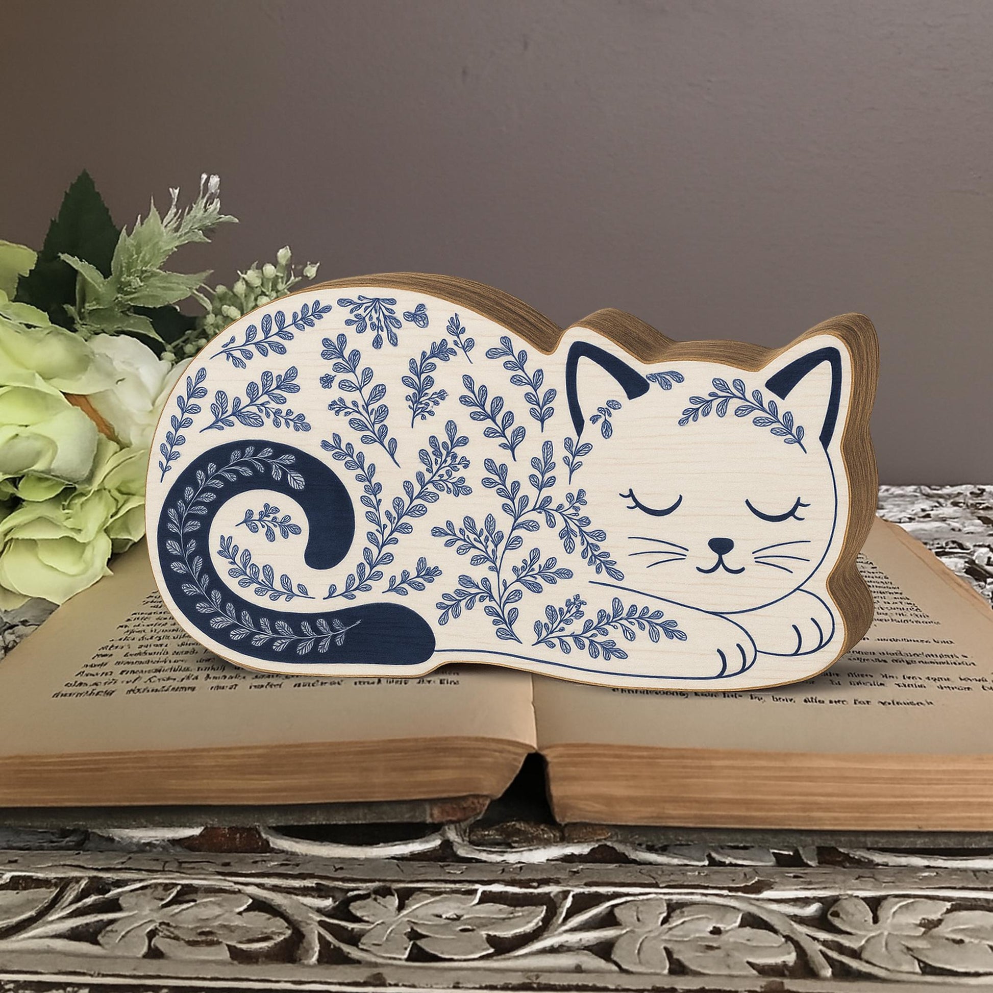 Chinoiserie Sleeping Cat Wooden Block | Blue and White Cat Decor | Cottagecore Animal Shelf Sitter | Wood Cat Figurine | Cozy Feline Gift