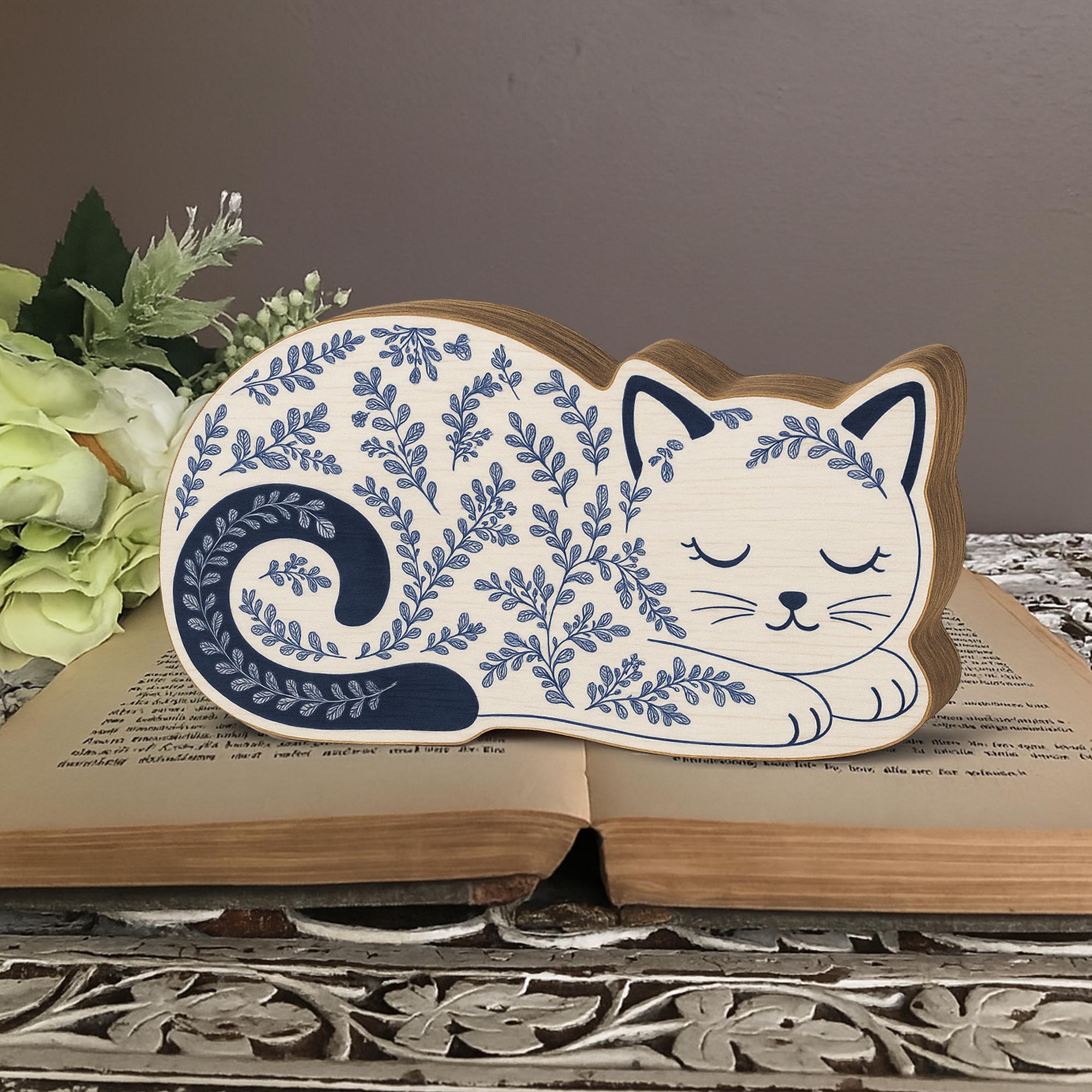 Chinoiserie Sleeping Cat Wooden Block | Blue and White Cat Decor | Cottagecore Animal Shelf Sitter | Wood Cat Figurine | Cozy Feline Gift