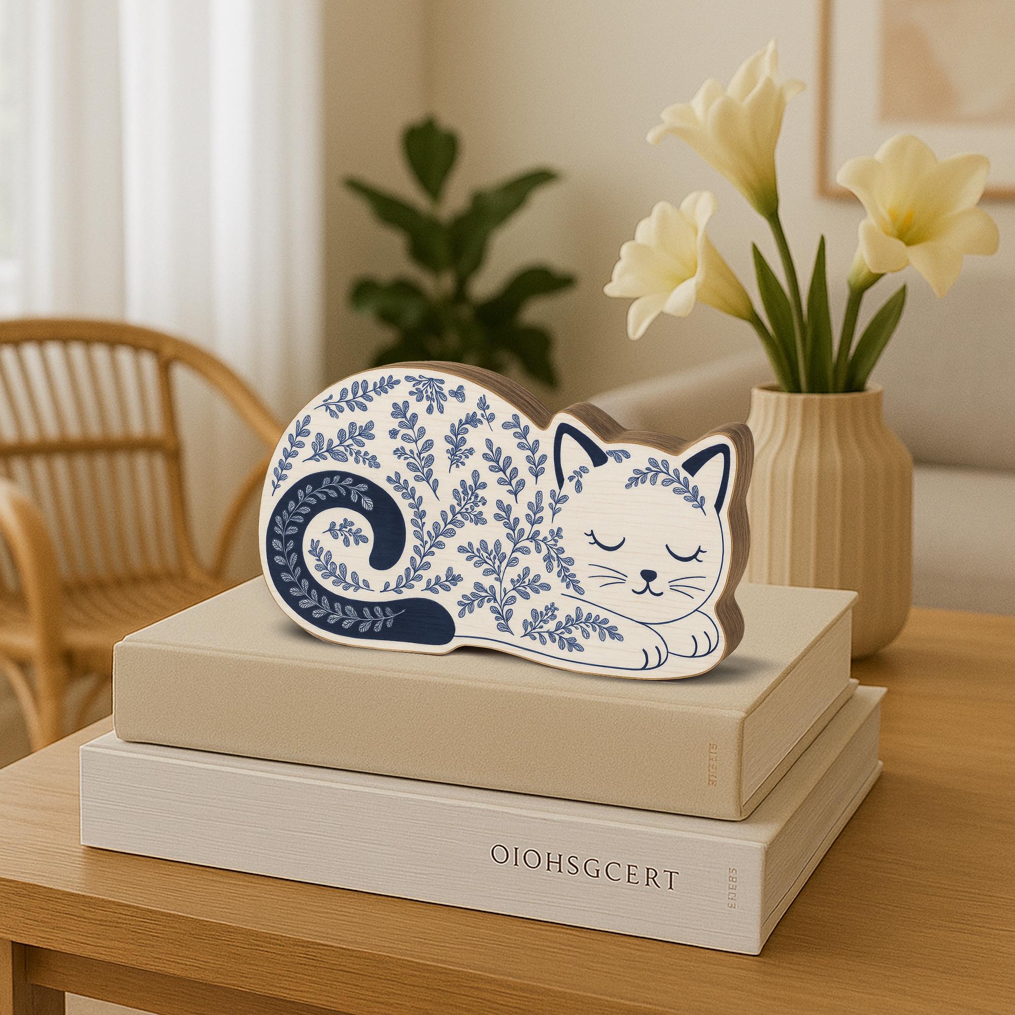 Chinoiserie Sleeping Cat Wooden Block | Blue and White Cat Decor | Cottagecore Animal Shelf Sitter | Wood Cat Figurine | Cozy Feline Gift