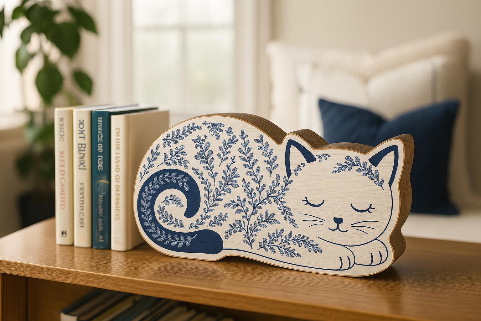 Chinoiserie Sleeping Cat Wooden Block | Blue and White Cat Decor | Cottagecore Animal Shelf Sitter | Wood Cat Figurine | Cozy Feline Gift