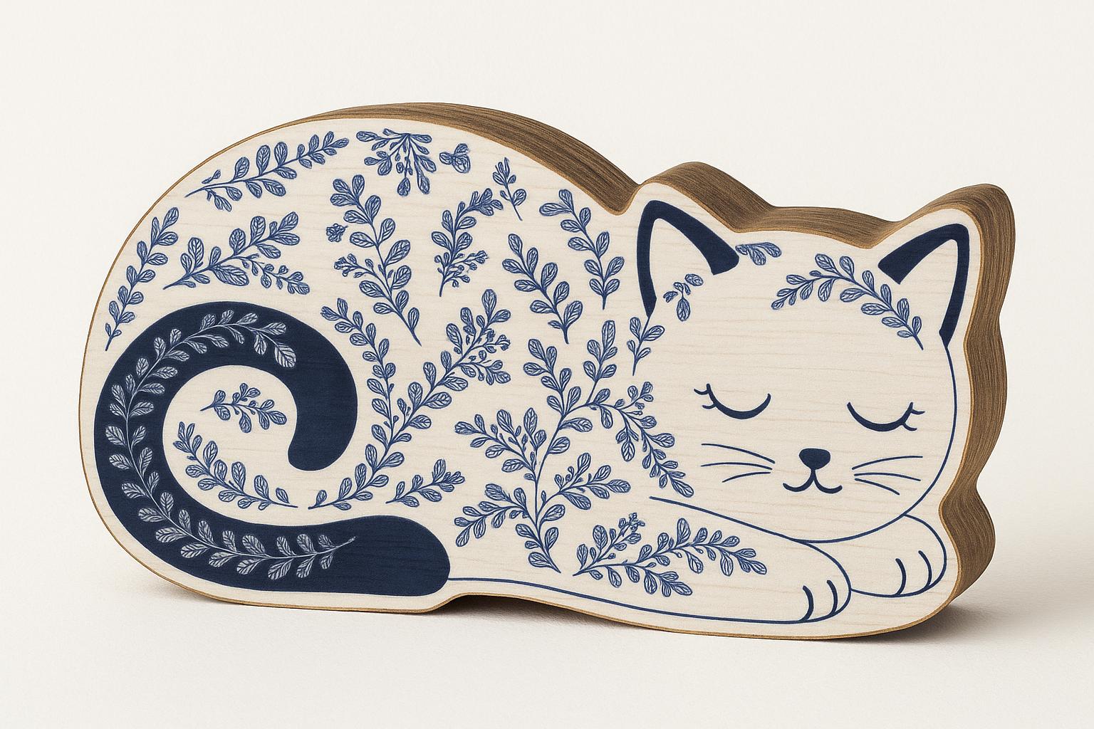 Chinoiserie Sleeping Cat Wooden Block | Blue and White Cat Decor | Cottagecore Animal Shelf Sitter | Wood Cat Figurine | Cozy Feline Gift