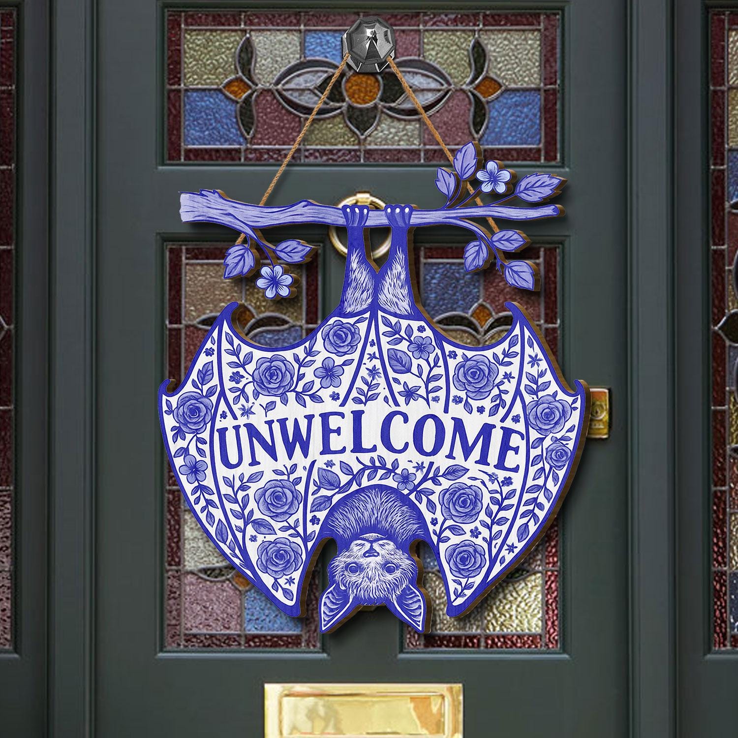 Gothic Chinoiserie Bat Unwelcome Sign | Blue Floral Hanging Door Decor | Funny Spooky Porch Sign | Unwelcome Halloween Home Gift