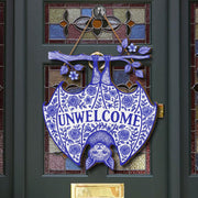Gothic Chinoiserie Bat Unwelcome Sign | Blue Floral Hanging Door Decor | Funny Spooky Porch Sign | Unwelcome Halloween Home Gift