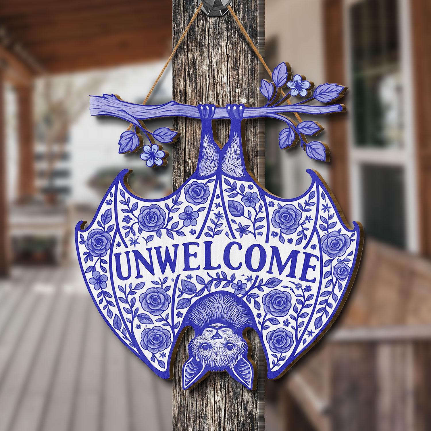 Gothic Chinoiserie Bat Unwelcome Sign | Blue Floral Hanging Door Decor | Funny Spooky Porch Sign | Unwelcome Halloween Home Gift