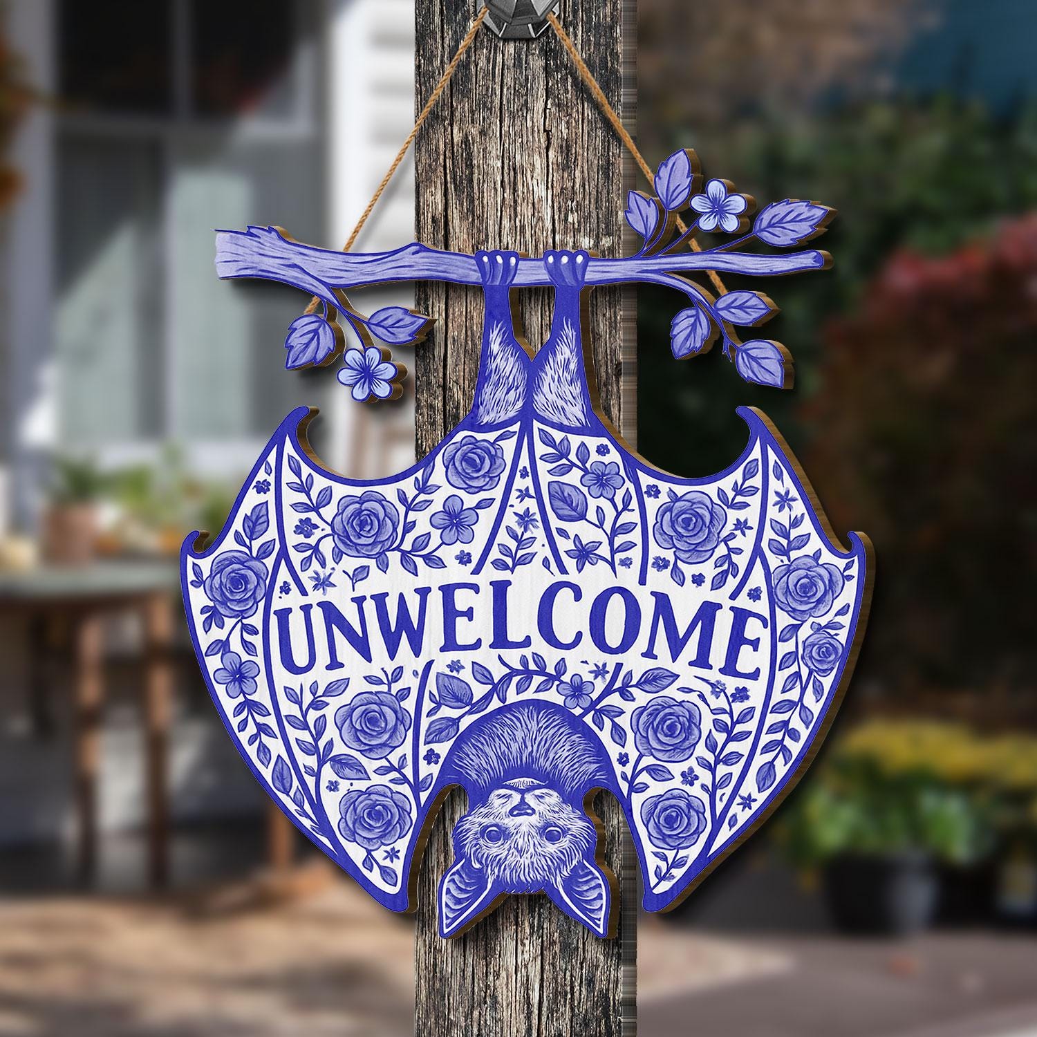 Gothic Chinoiserie Bat Unwelcome Sign | Blue Floral Hanging Door Decor | Funny Spooky Porch Sign | Unwelcome Halloween Home Gift