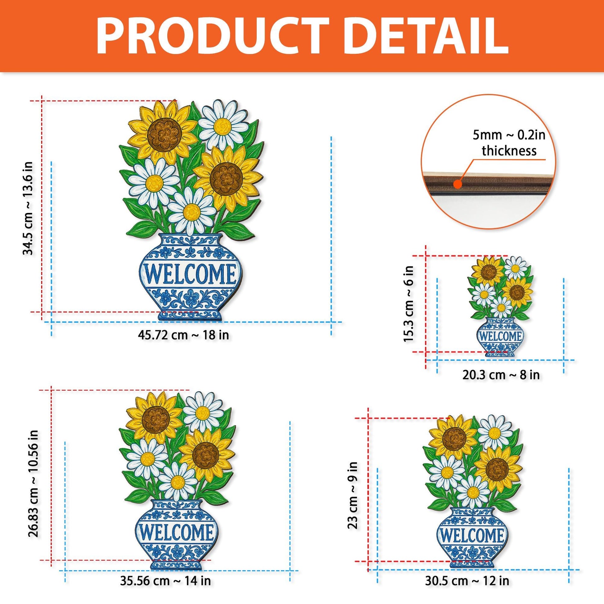 Chinoiserie Welcome Sunflower Daisy Sign | Blue Vase Floral Door Hanger | Cottagecore Porch Decor | Summer Wood Welcome Sign Gift