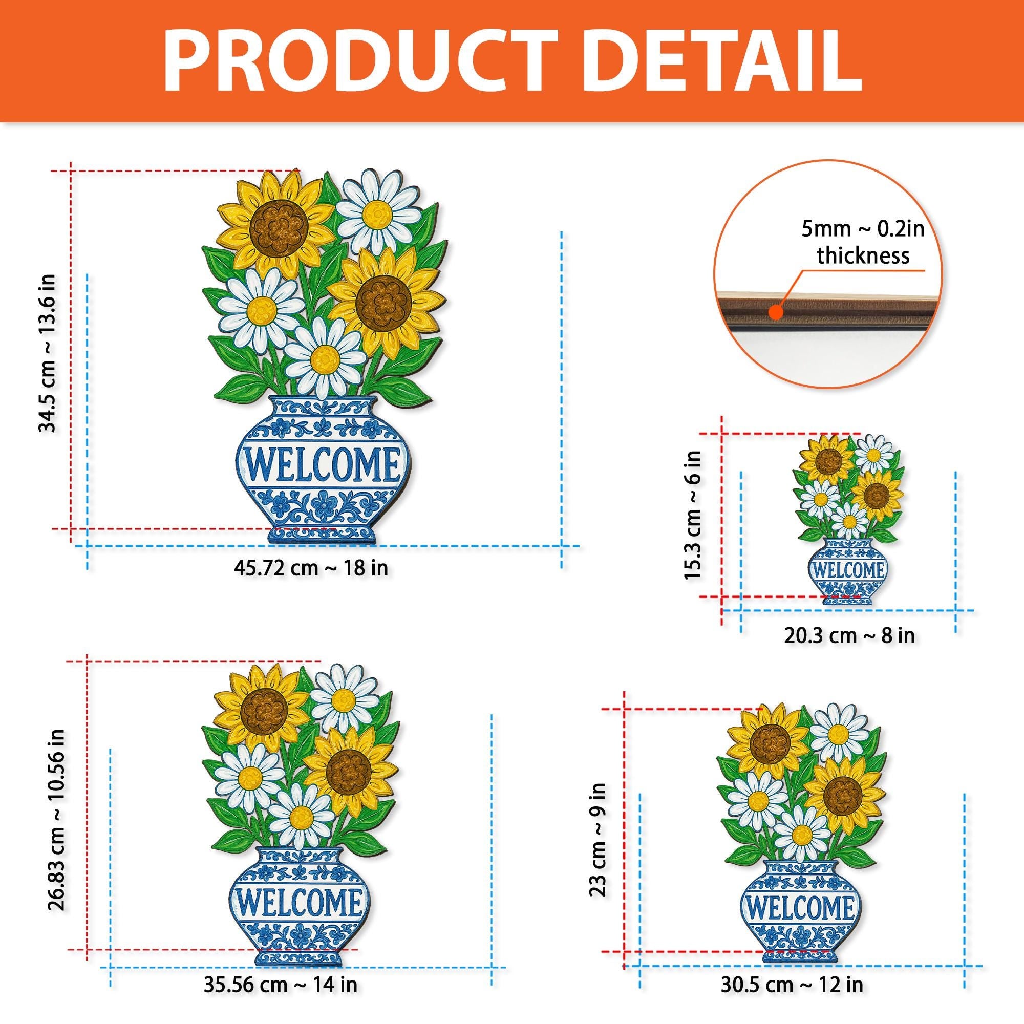 Chinoiserie Welcome Sunflower Daisy Sign | Blue Vase Floral Door Hanger | Cottagecore Porch Decor | Summer Wood Welcome Sign Gift