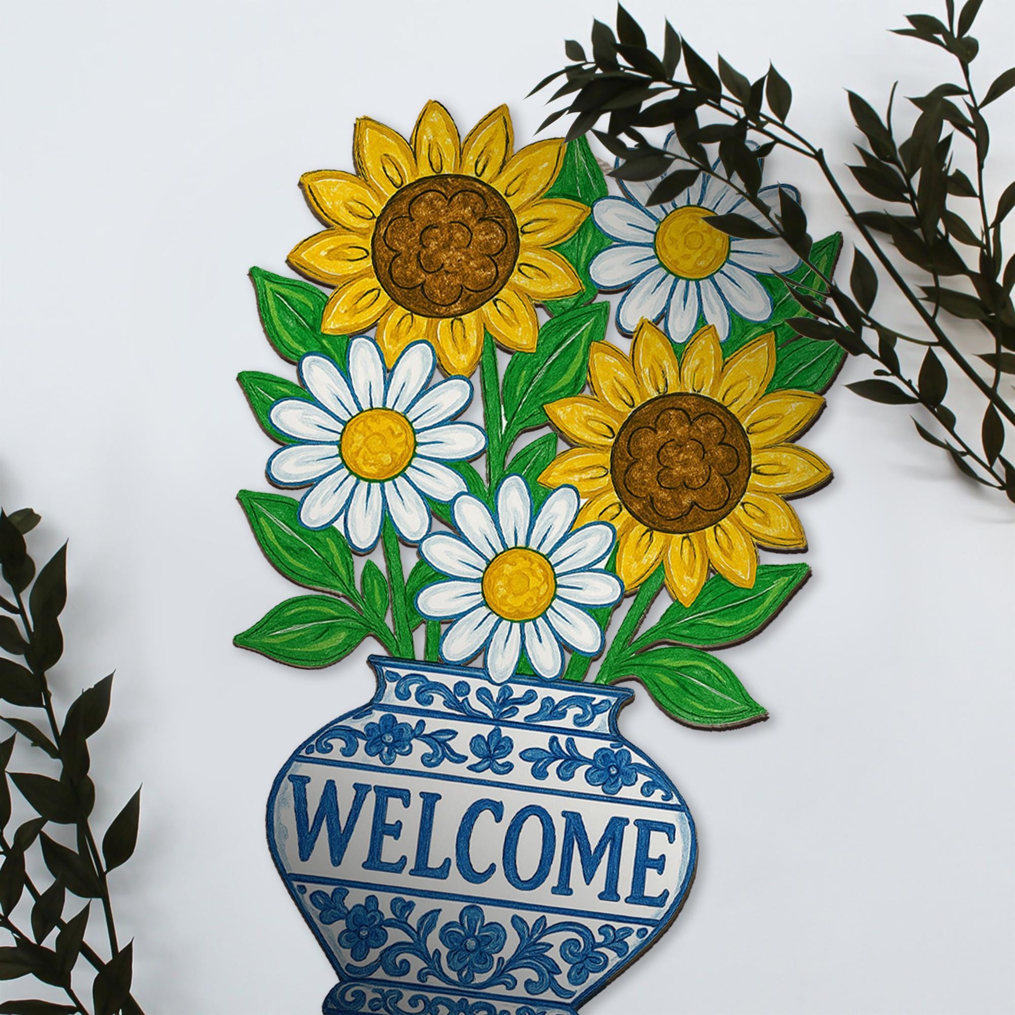 Chinoiserie Welcome Sunflower Daisy Sign | Blue Vase Floral Door Hanger | Cottagecore Porch Decor | Summer Wood Welcome Sign Gift