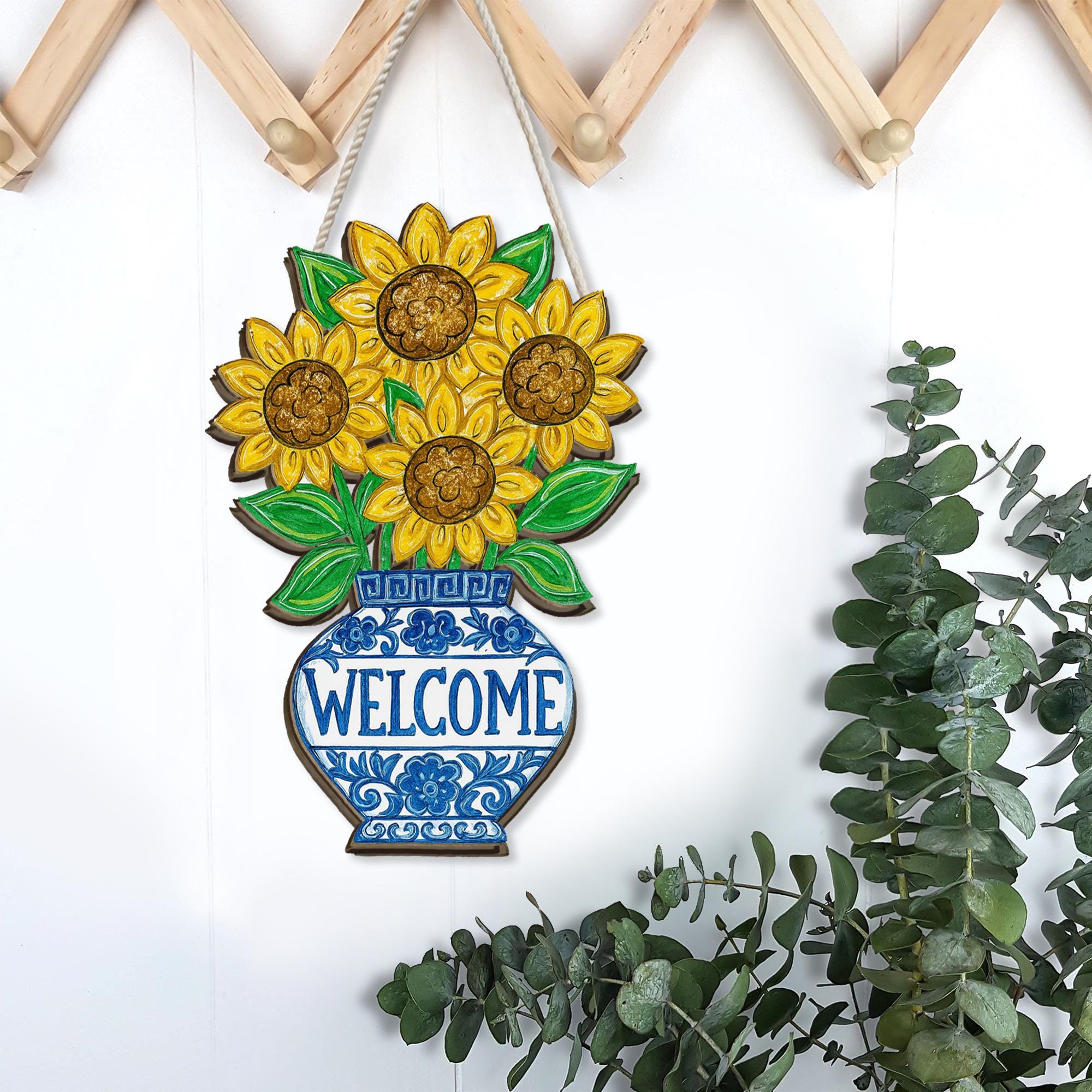 Chinoiserie Welcome Sunflower Daisy Sign | Blue Vase Floral Door Hanger | Cottagecore Porch Decor | Summer Wood Welcome Sign Gift