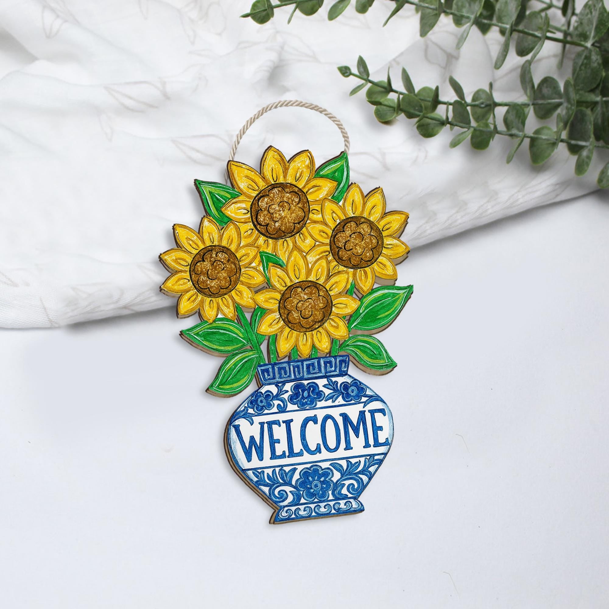 Chinoiserie Welcome Sunflower Daisy Sign | Blue Vase Floral Door Hanger | Cottagecore Porch Decor | Summer Wood Welcome Sign Gift
