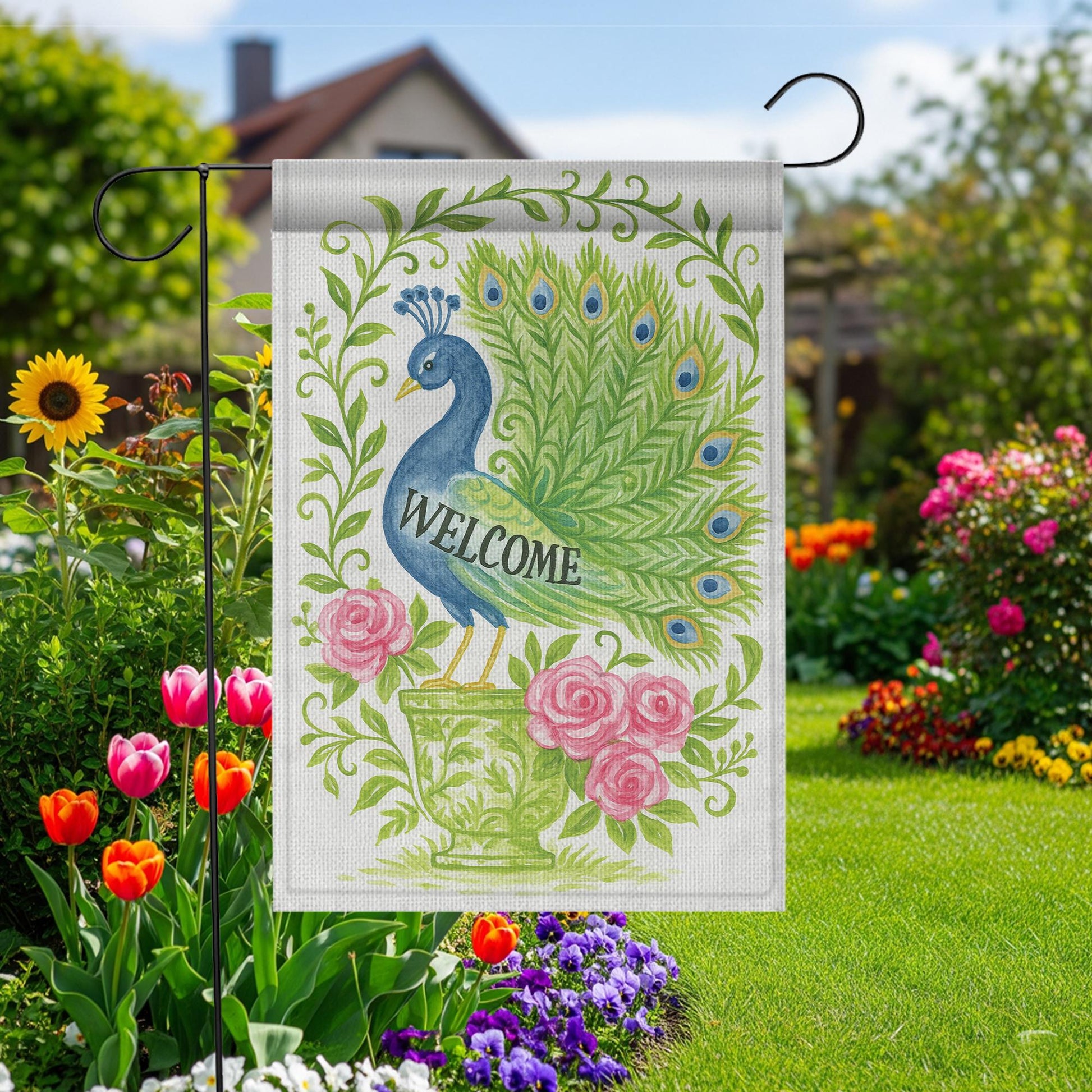 Chinoiserie Peacock Welcome Garden Flag | Floral Rose Vase Yard Banner | Elegant Outdoor Decor | Garden Lawn Flag Gift Peacock Sign
