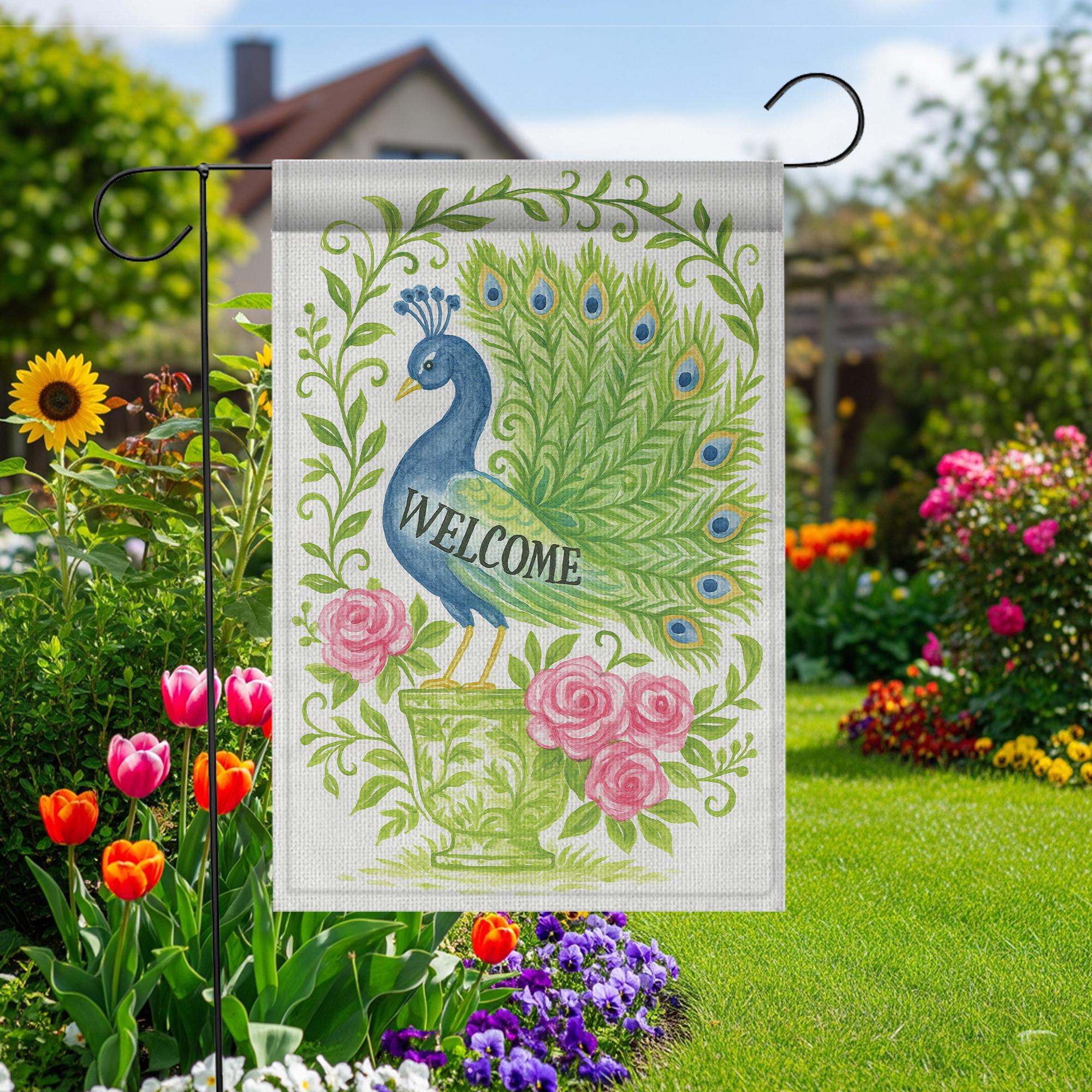 Chinoiserie Peacock Welcome Garden Flag | Floral Rose Vase Yard Banner | Elegant Outdoor Decor | Garden Lawn Flag Gift Peacock Sign