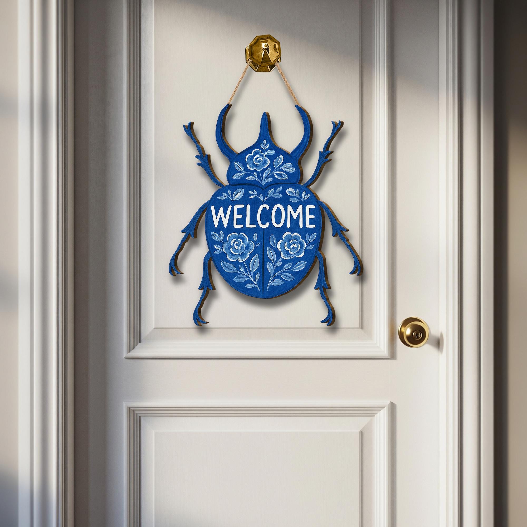 Chinoiserie Welcome Beetle Door Sign | Blue Floral Bug Wall Hanging | Quirky Insect Entryway Decor | Whimsical Wood Welcome Plaque