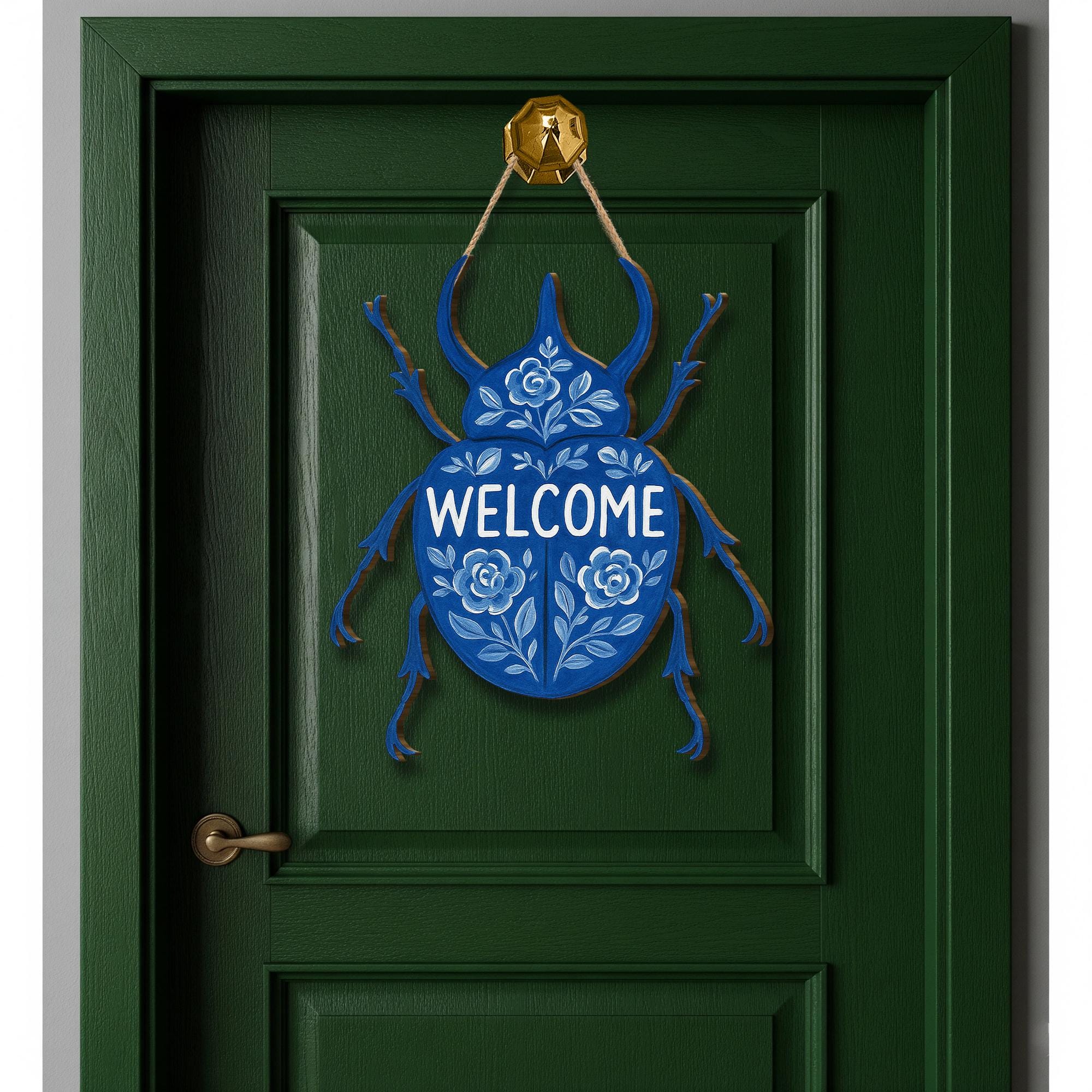 Chinoiserie Welcome Beetle Door Sign | Blue Floral Bug Wall Hanging | Quirky Insect Entryway Decor | Whimsical Wood Welcome Plaque