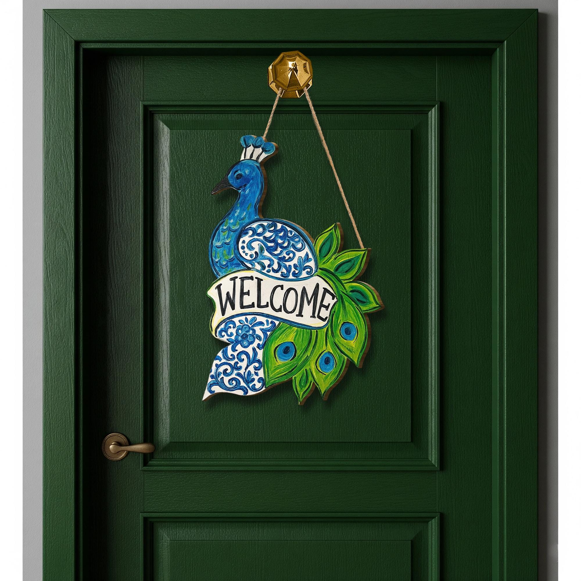 Chinoiserie Peacock Welcome Door Sign | Blue Green Bird Wall Decor | Elegant Wooden Entry Sign | Front Door Hanging Home Gift