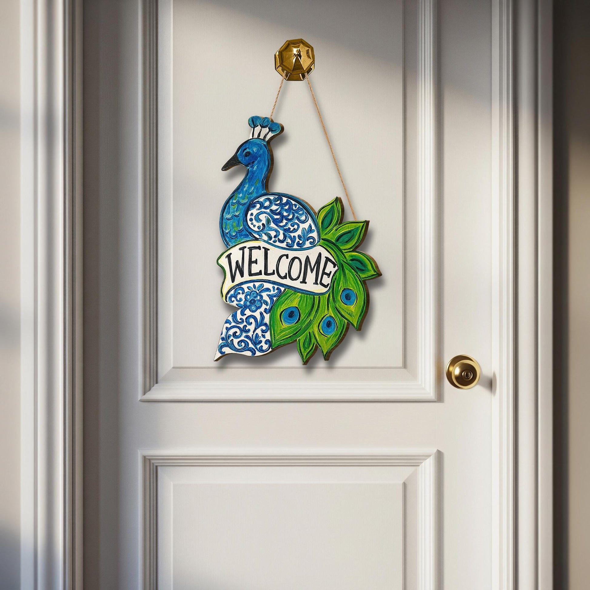 Chinoiserie Peacock Welcome Door Sign | Blue Green Bird Wall Decor | Elegant Wooden Entry Sign | Front Door Hanging Home Gift