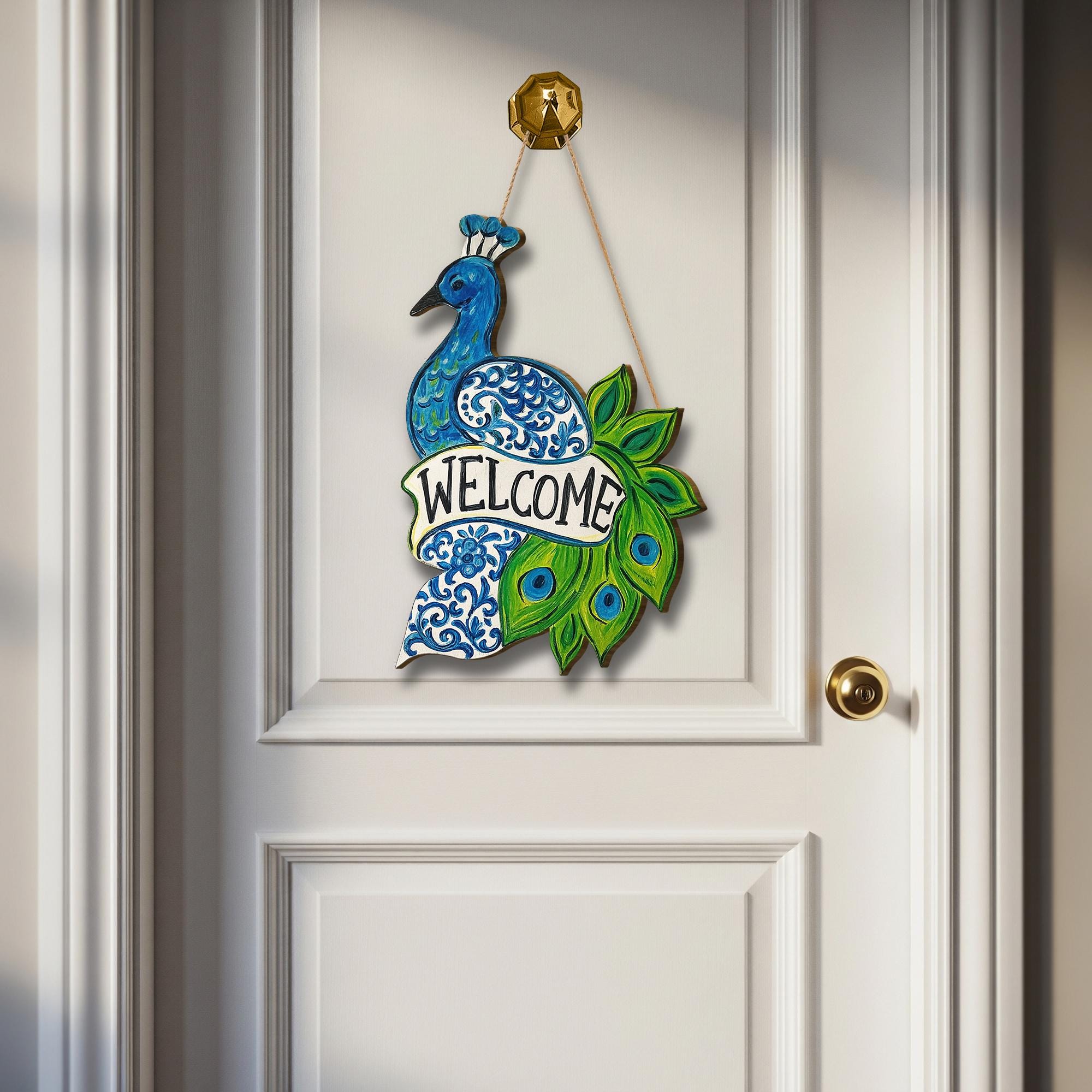 Chinoiserie Peacock Welcome Door Sign | Blue Green Bird Wall Decor | Elegant Wooden Entry Sign | Front Door Hanging Home Gift