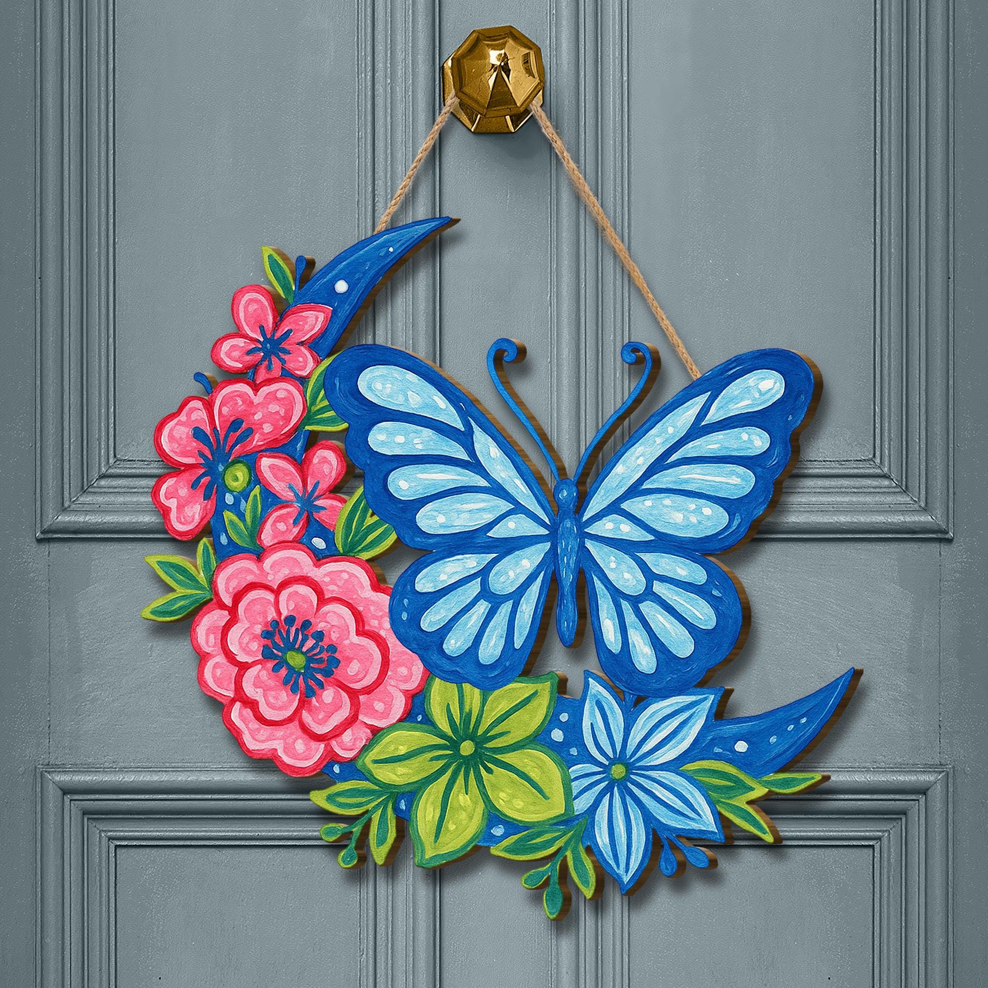 Chinoiserie Butterfly Crescent Moon Floral Sign | Colorful Wooden Wall Hanging | Spring Summer Door Decor | Cottagecore Boho Gift
