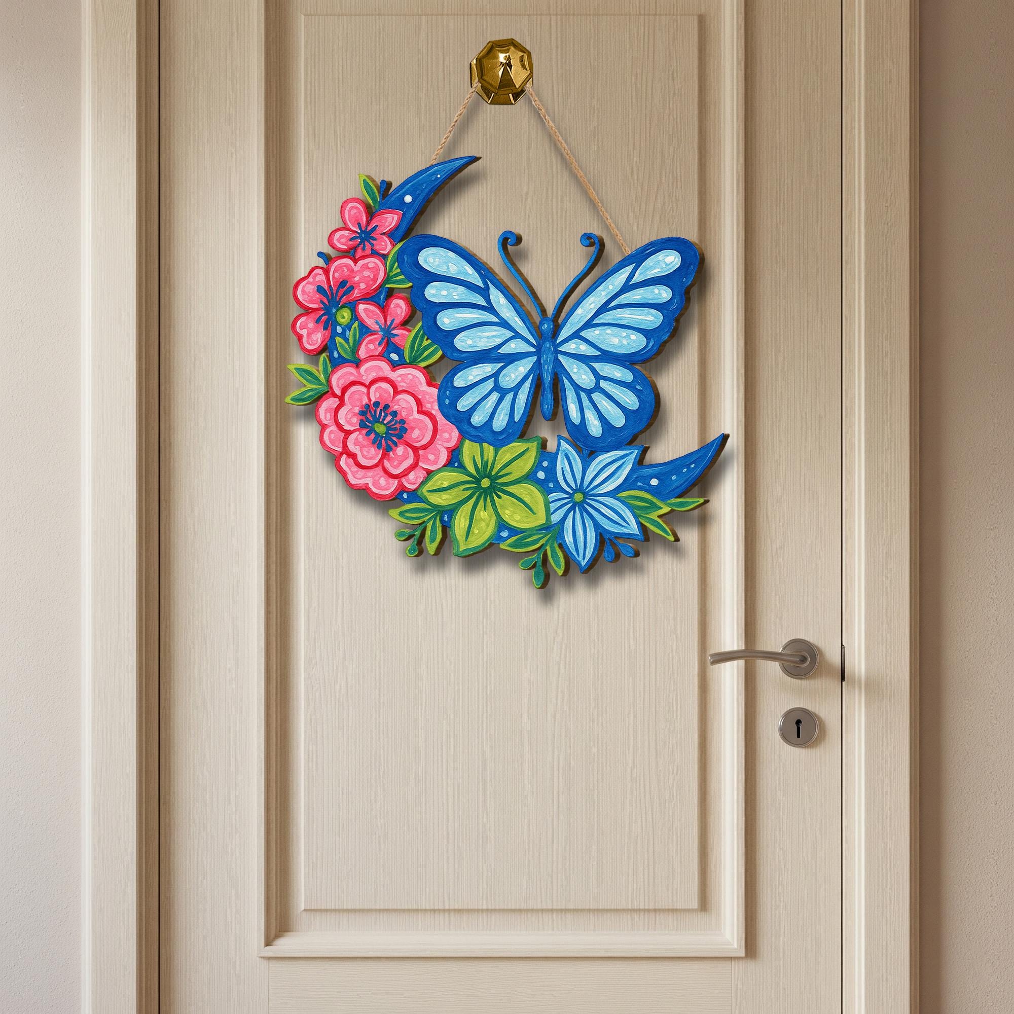 Chinoiserie Butterfly Crescent Moon Floral Sign | Colorful Wooden Wall Hanging | Spring Summer Door Decor | Cottagecore Boho Gift