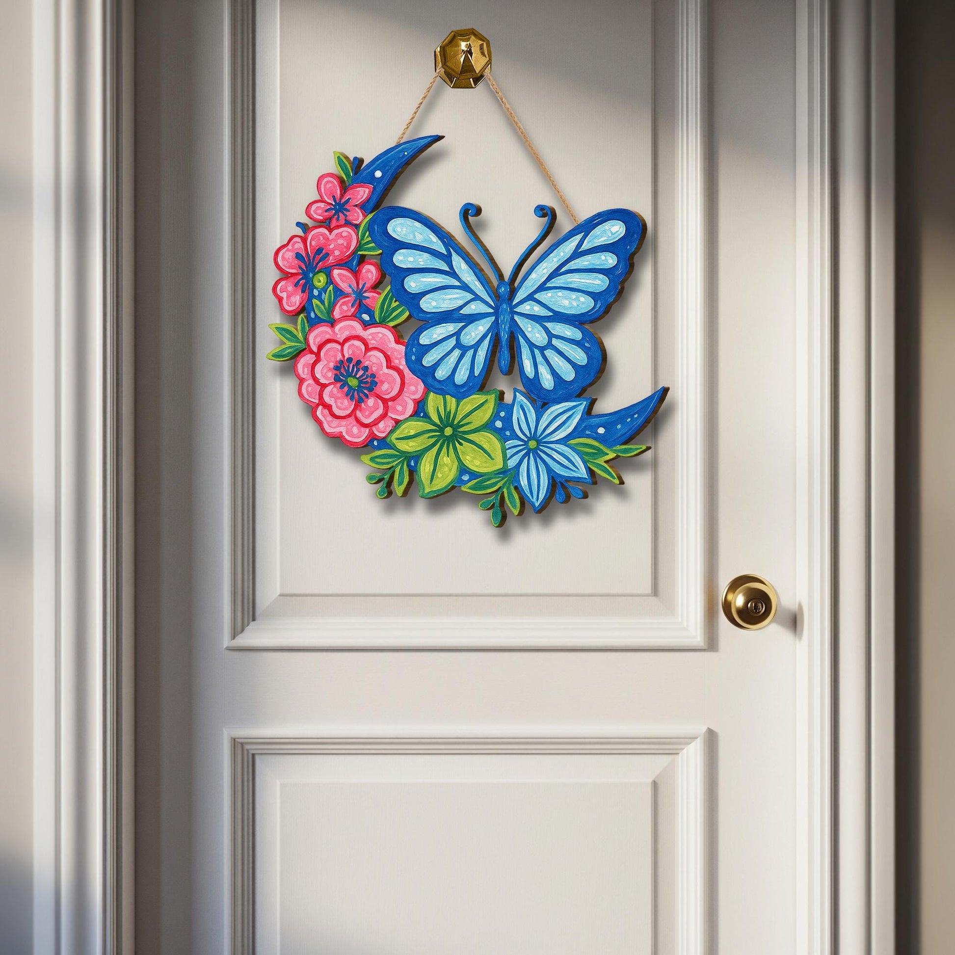 Chinoiserie Butterfly Crescent Moon Floral Sign | Colorful Wooden Wall Hanging | Spring Summer Door Decor | Cottagecore Boho Gift