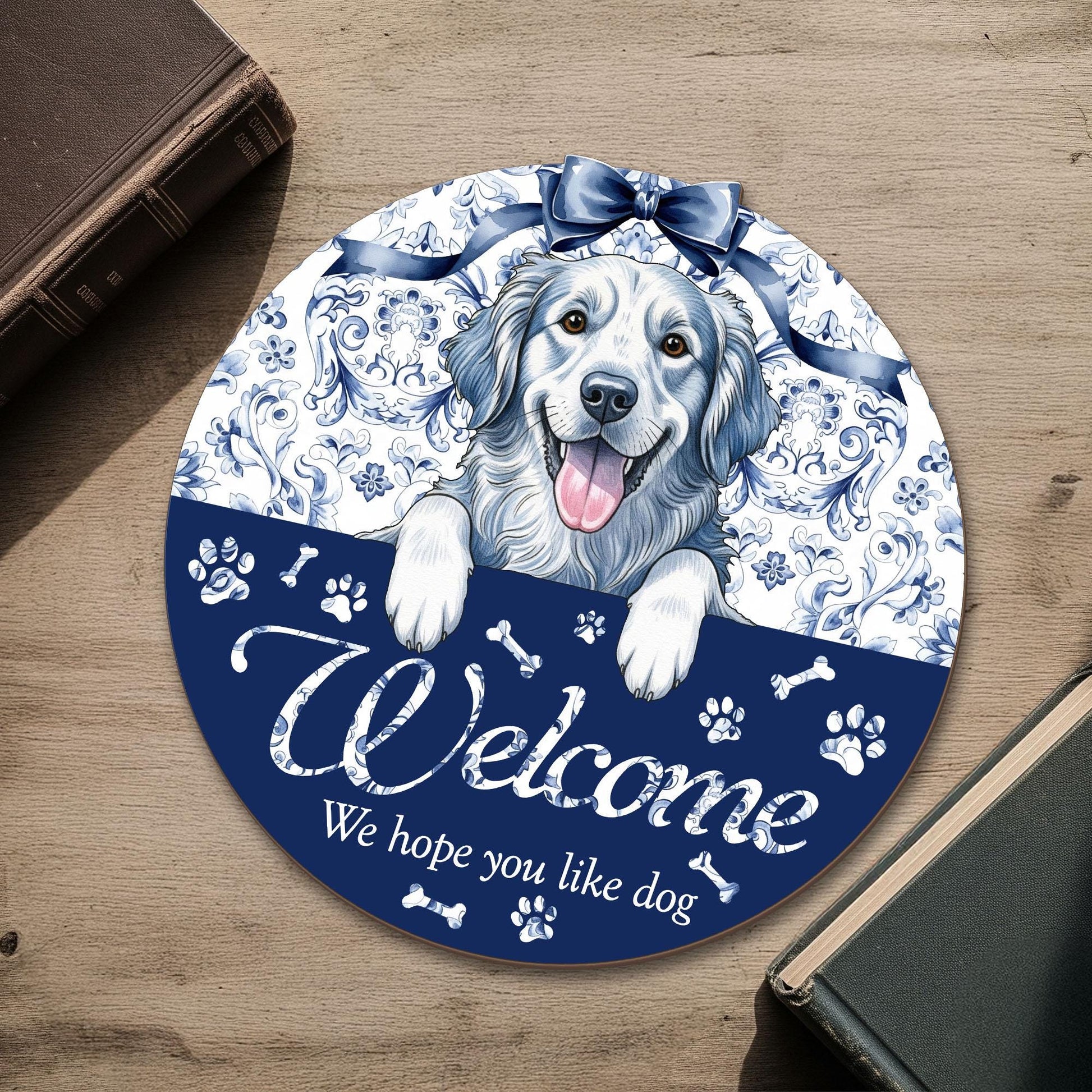 Chinoiserie Dog Welcome Sign, Custom Pet Door Hanger, Blue Floral Dog Lover Gift, Funny Front Porch Decor, We Hope You Like Dog Entry Sign