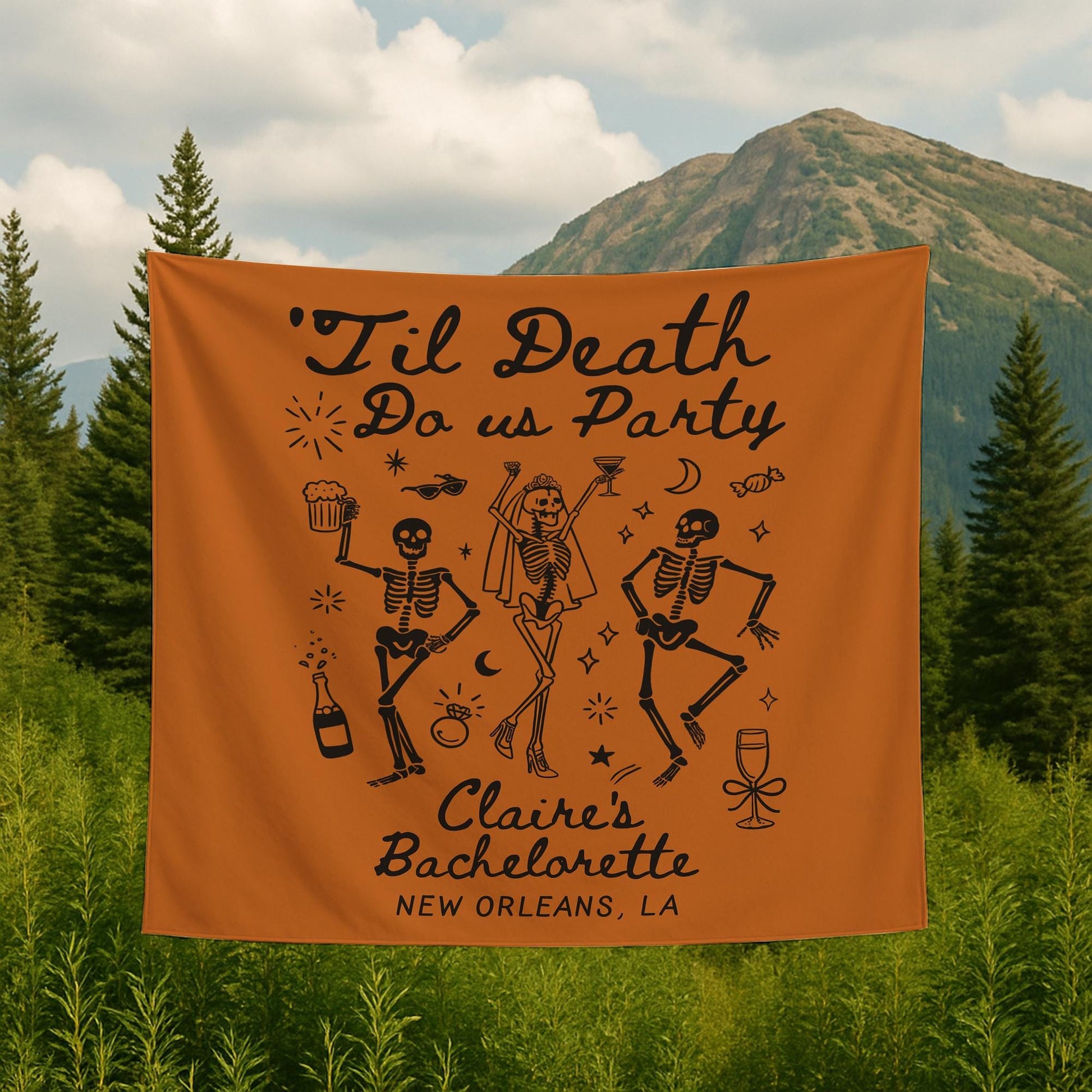 Til Death Bachelorette Banner | Custom Skeleton Tapestry | Halloween Bach Party Decor | Spooky Bride Wall Hanging | Personalized Party Sign