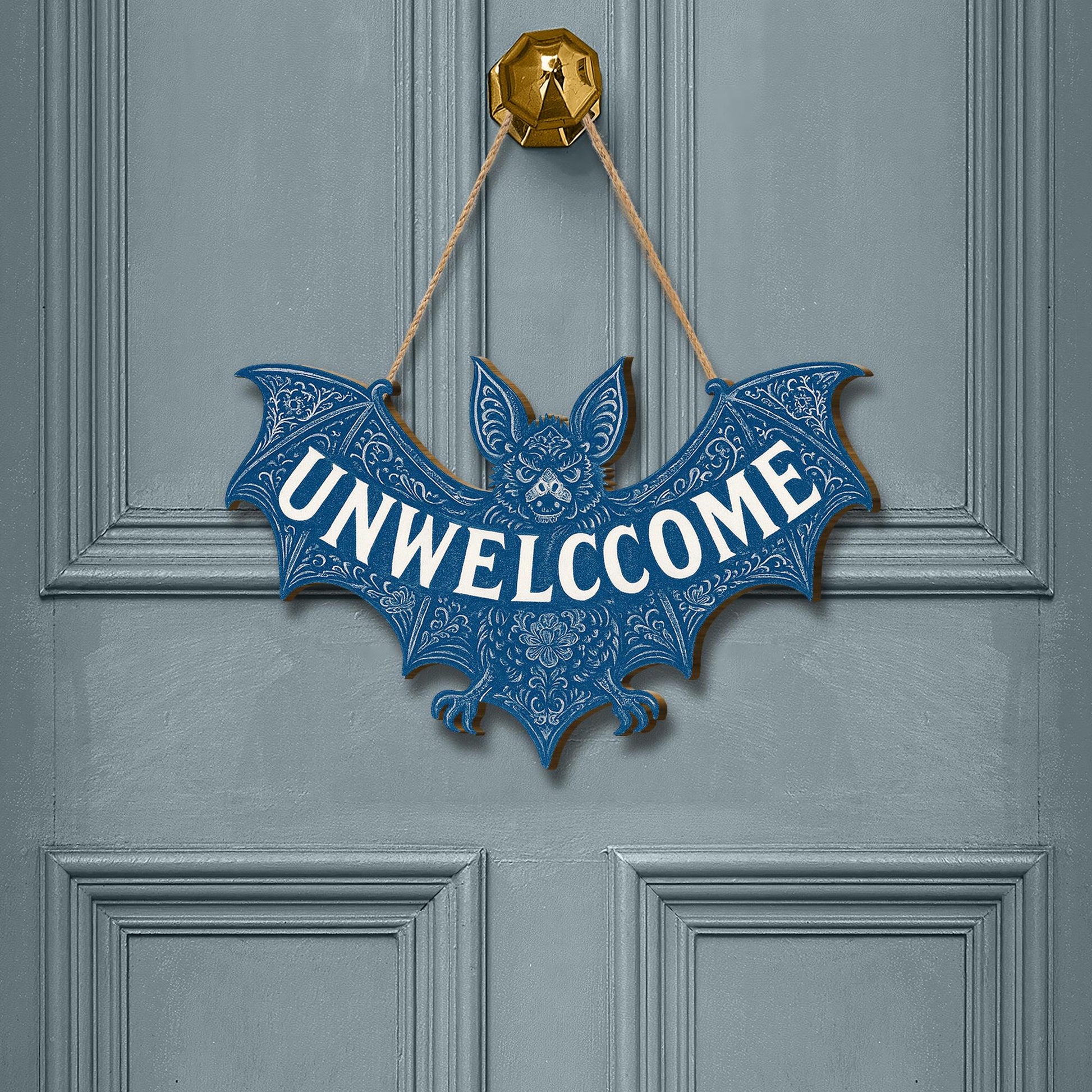 Chinoiserie Bat Unwelcome Sign | Gothic Wooden Door Hanger | Halloween Wall Decor | Spooky Cottagecore Entry Sign | Dark Vintage Home Gift